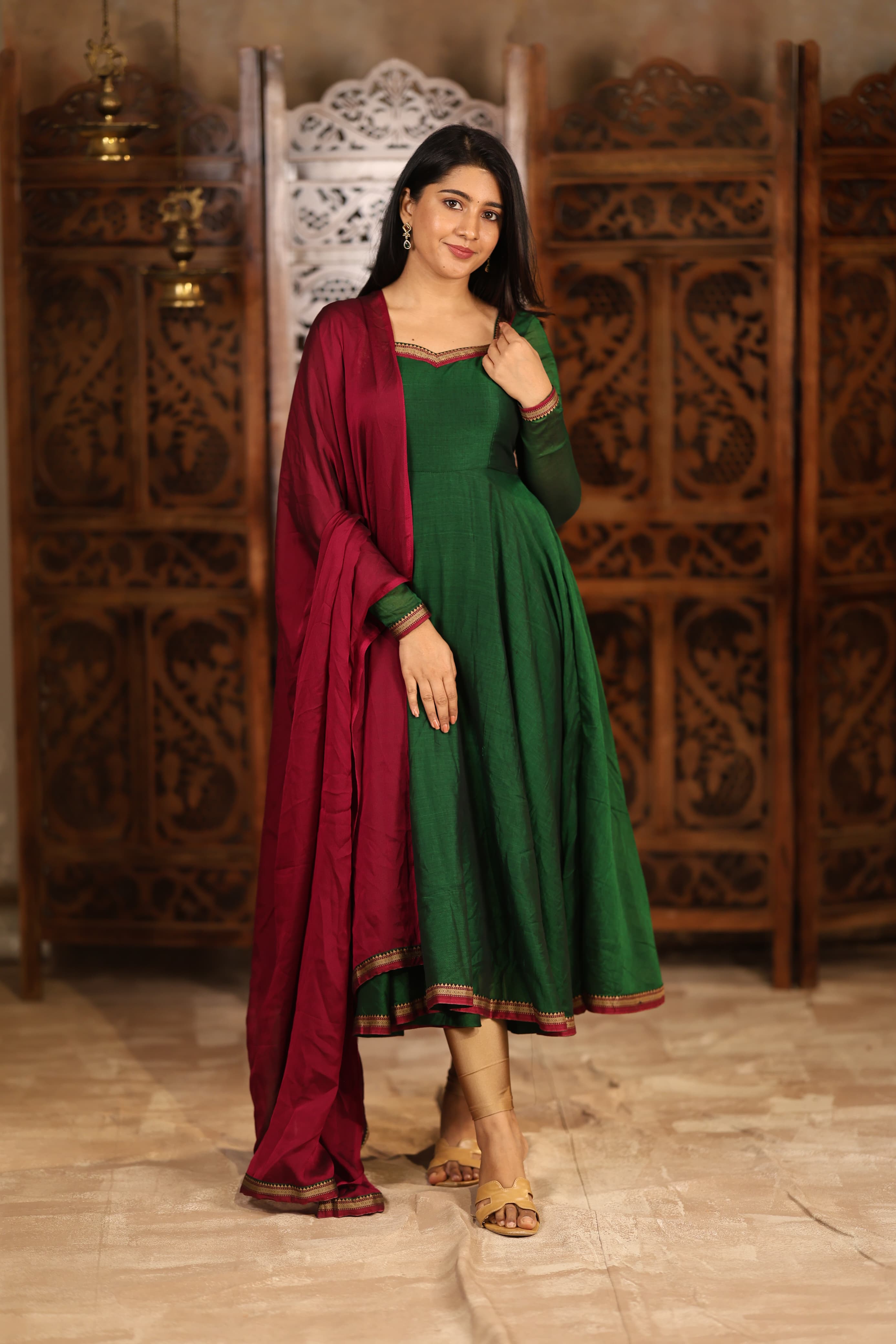 DD766 Thendral Pure Cotton Anarkali Dress - Women's Elegant Long Kurti with Flared Hem - Perfect for Festivals, Parties & Casual Wear