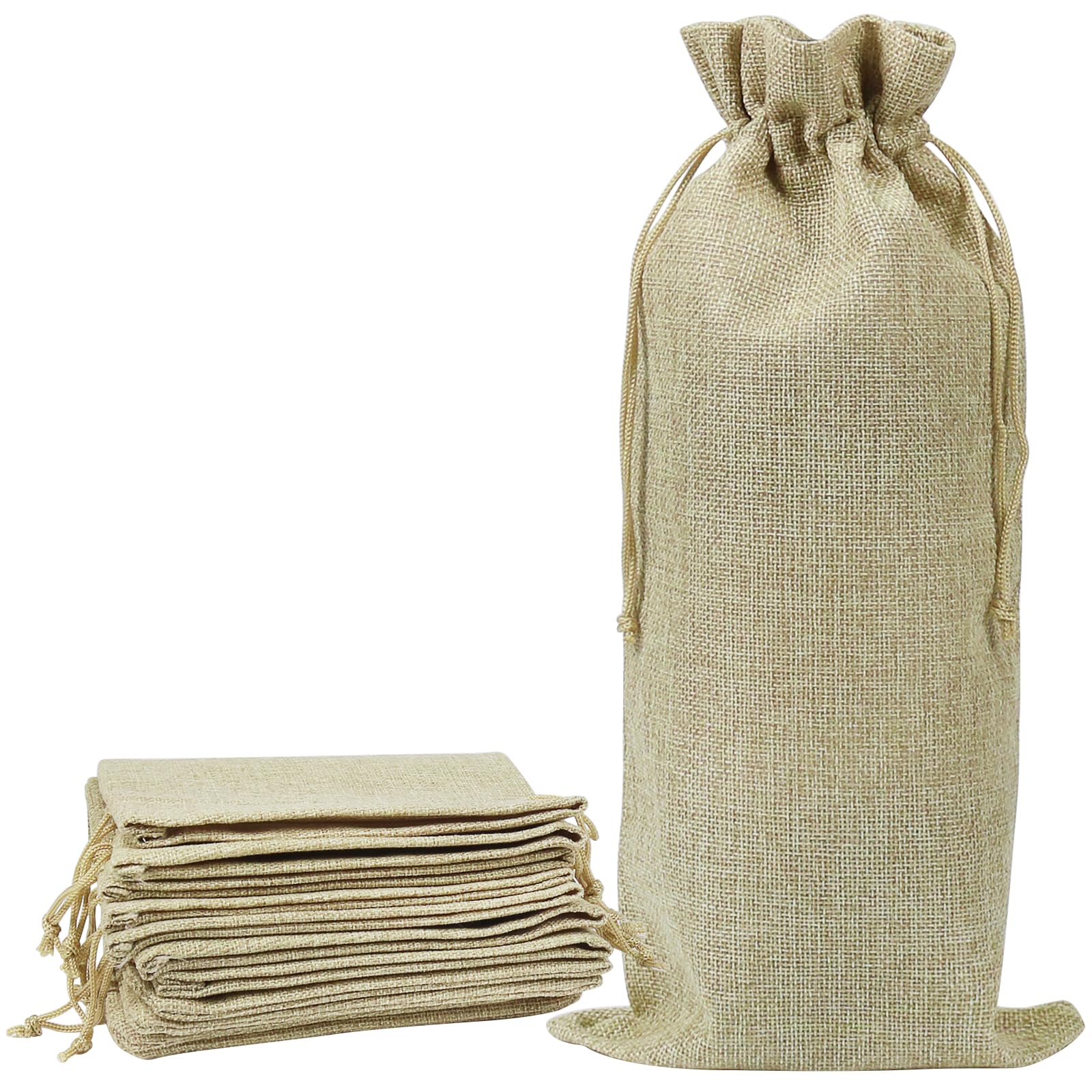 Shintop 10-Pack Brown Jute Wine Bags with Drawstring - 14 x 6.25 Inch Hessian Bottle Gift Bags for Wine, Champagne & Liquor - Perfect for Weddings, Parties & Corporate Gifts