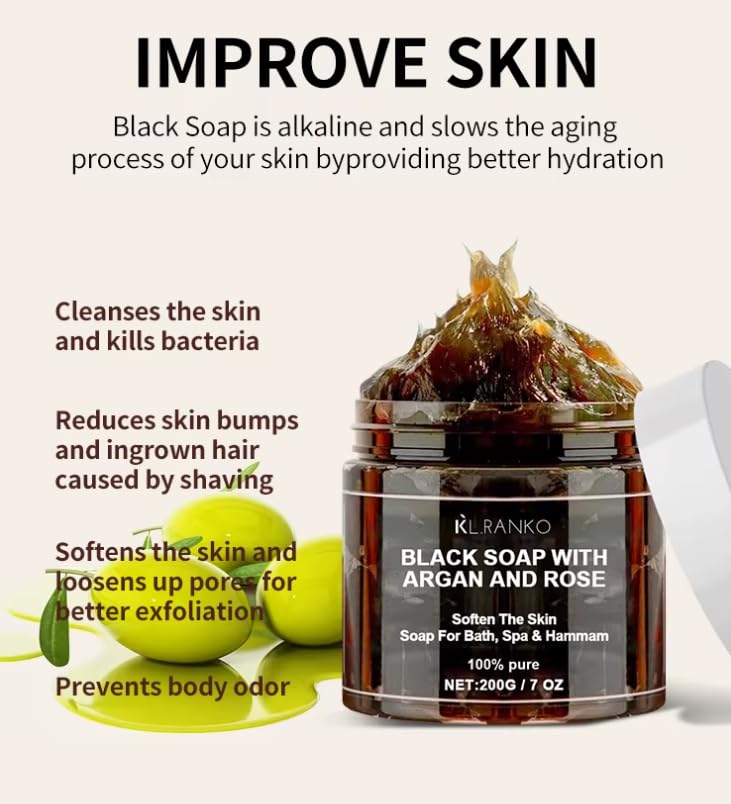 Moroccan Black Soap with Argan Oil & Rose - 7oz | Natural Exfoliating & Moisturizing Body Wash for Soft Skin | Perfect for Spa Day & Dry Skin Care