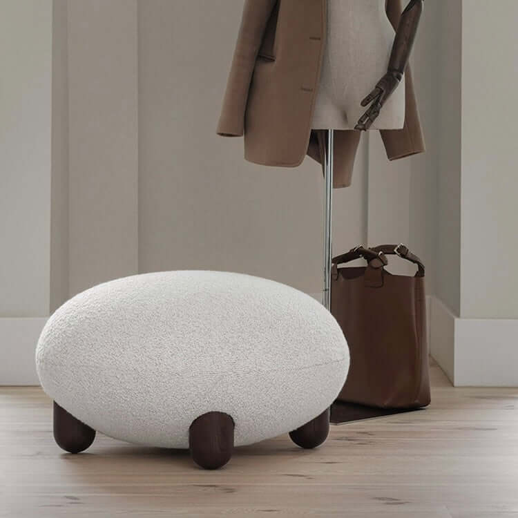 Japandi Style White Boucle Sherpa Round Accent Chair with Wooden Legs & Ottoman - Modern Scandinavian Minimalist Lounge Chair for Living Room, Bedroom or Office