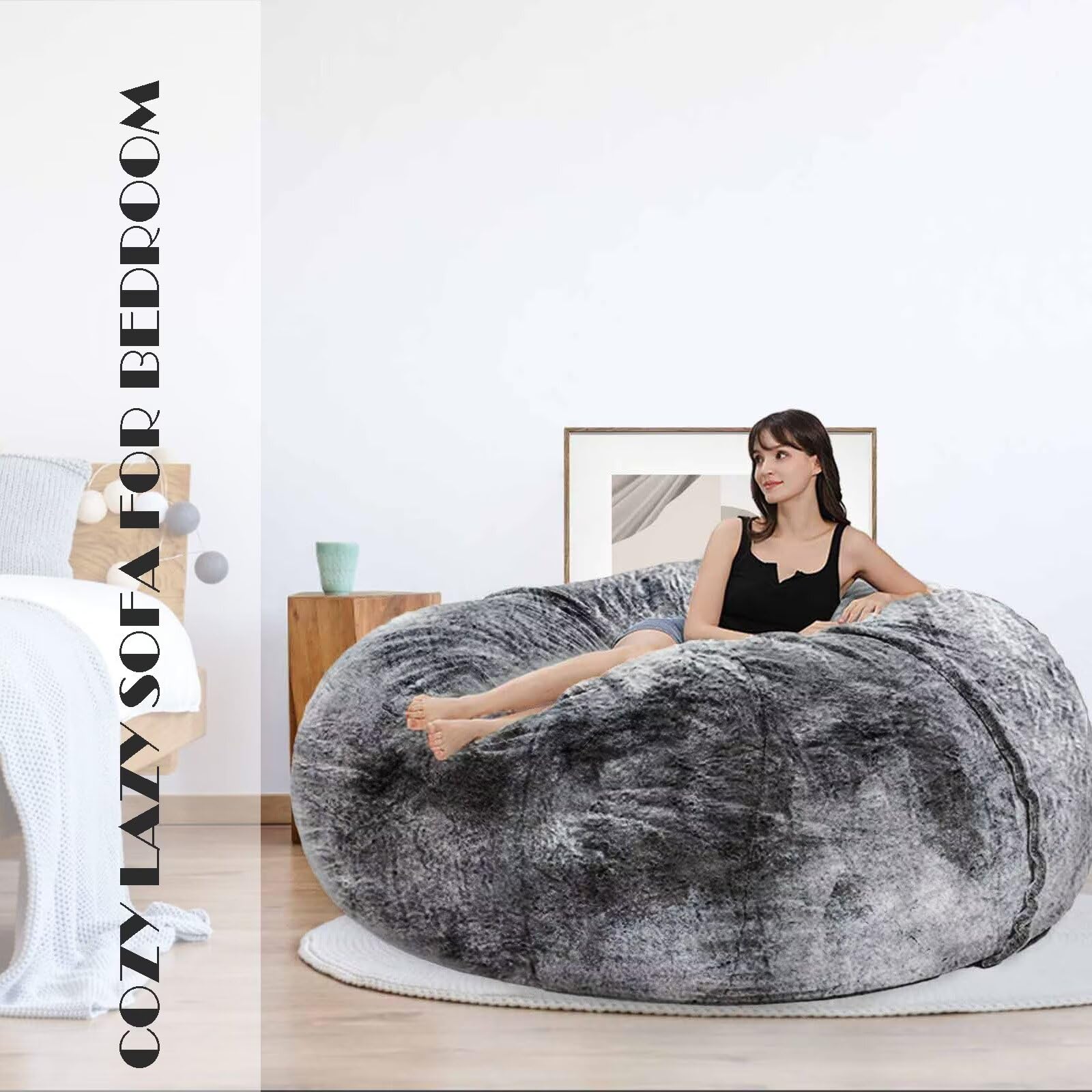 7FT Oversized Bean Bag Chair for Adults & Kids - No Filler, Soft Round Giant Beanbag Sofa - Perfect for Reading, Gaming & Relaxing - Black Lazy Chair Cover