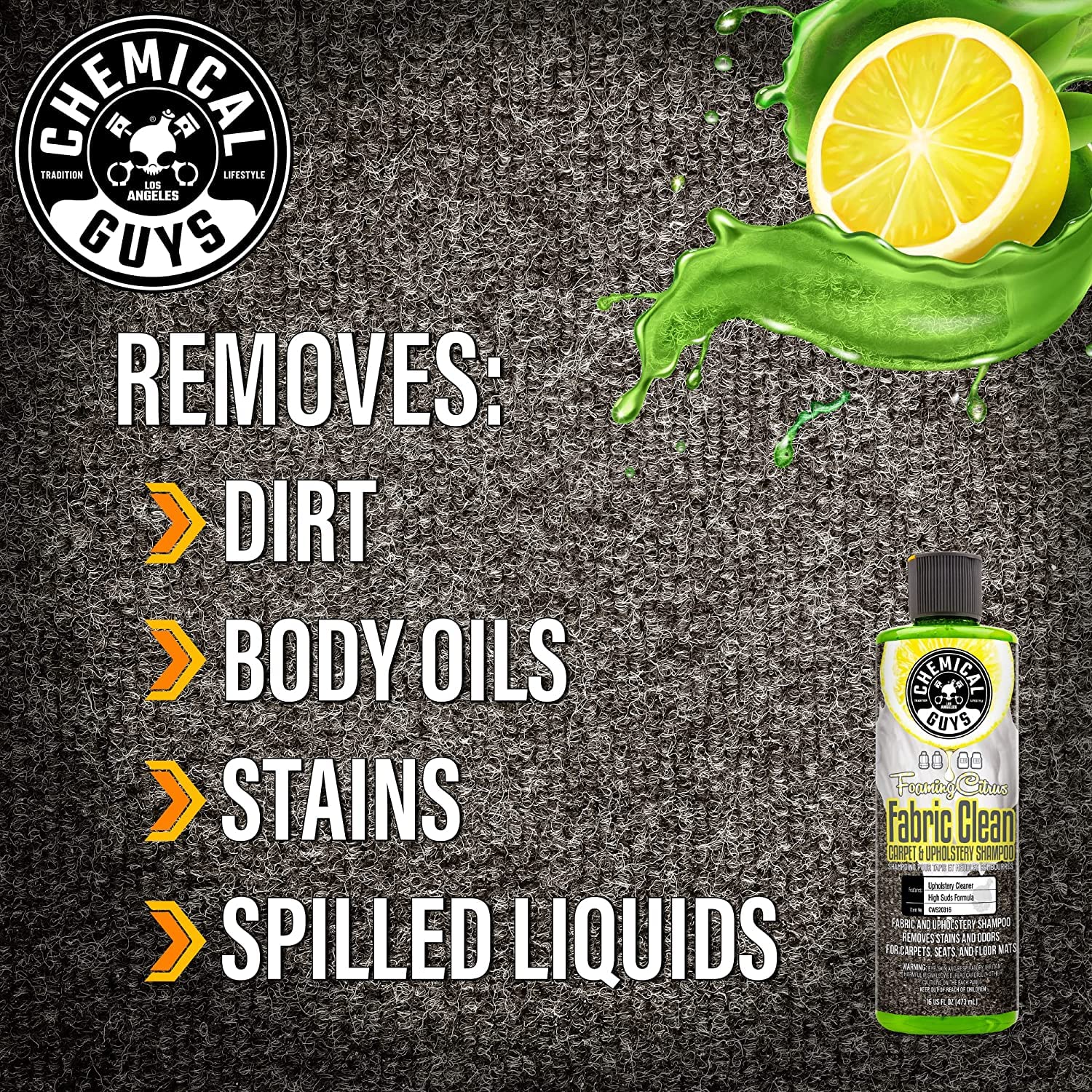 Chemical Guys Foaming Citrus Fabric & Carpet Cleaner - 32 fl oz, Safe for Cars, Home, Office Upholstery, Seats & Floor Mats | Powerful Stain Remover with Fresh Citrus Scent | Ideal for Deep Cleaning Car Interiors, Sofas & Pet Stains