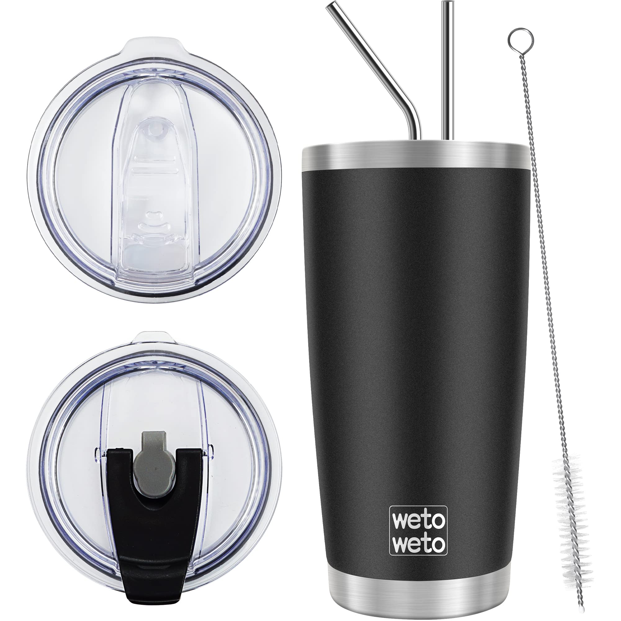 WETOWETO 20oz Stainless Steel Vacuum Insulated Tumbler with 2 Lids & 2 Straws - Double Wall Powder Coated Leakproof Travel Coffee Mug - Perfect for Hot & Cold Drinks at Home, Office or On-the-Go (Black, 1 Pack)