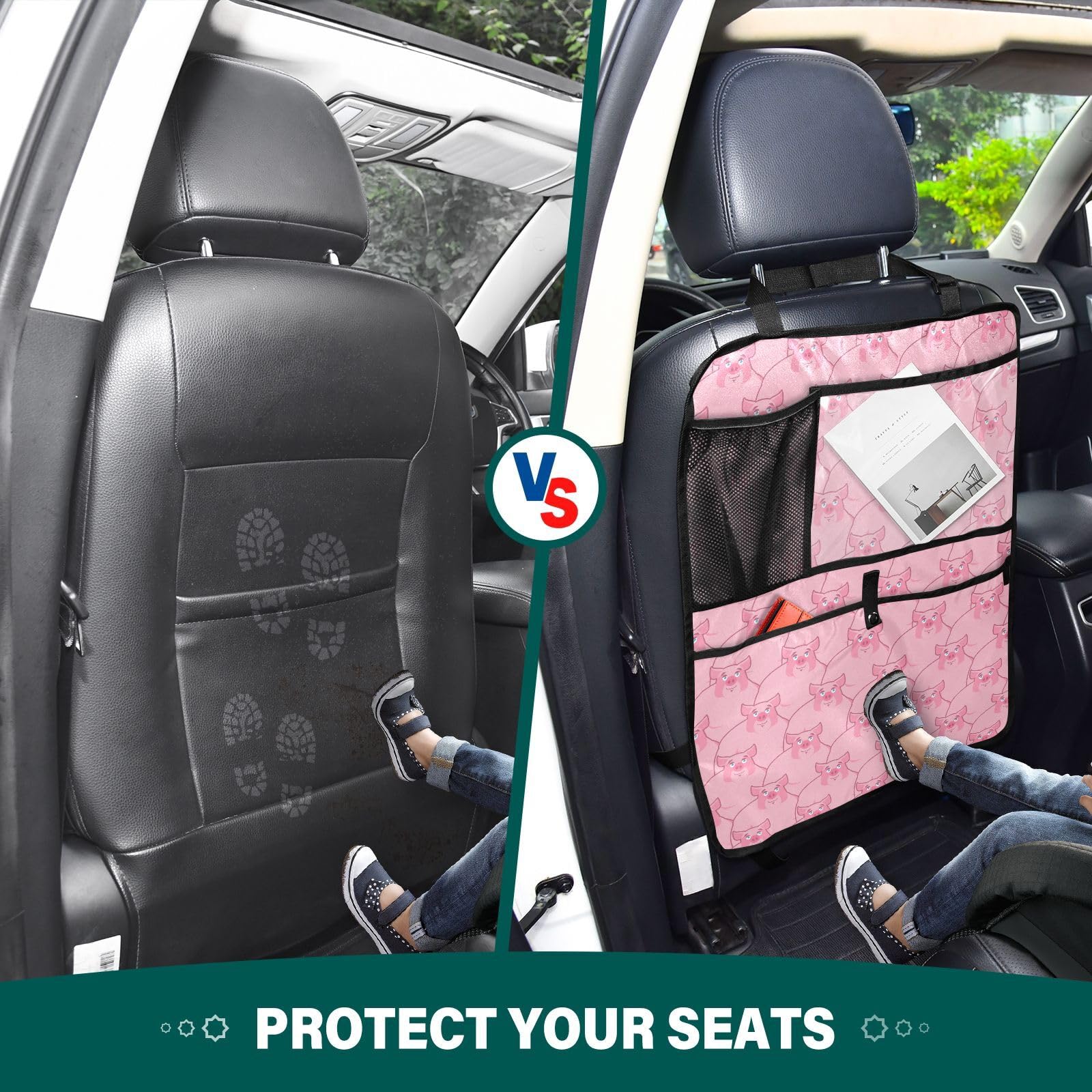Pink Hog Pattern Car Seat Kick Mats - Waterproof Back Seat Protector for Kids, Anti-Scratch Organizer with Storage Pockets - Perfect for SUVs, Minivans & Family Road Trips
