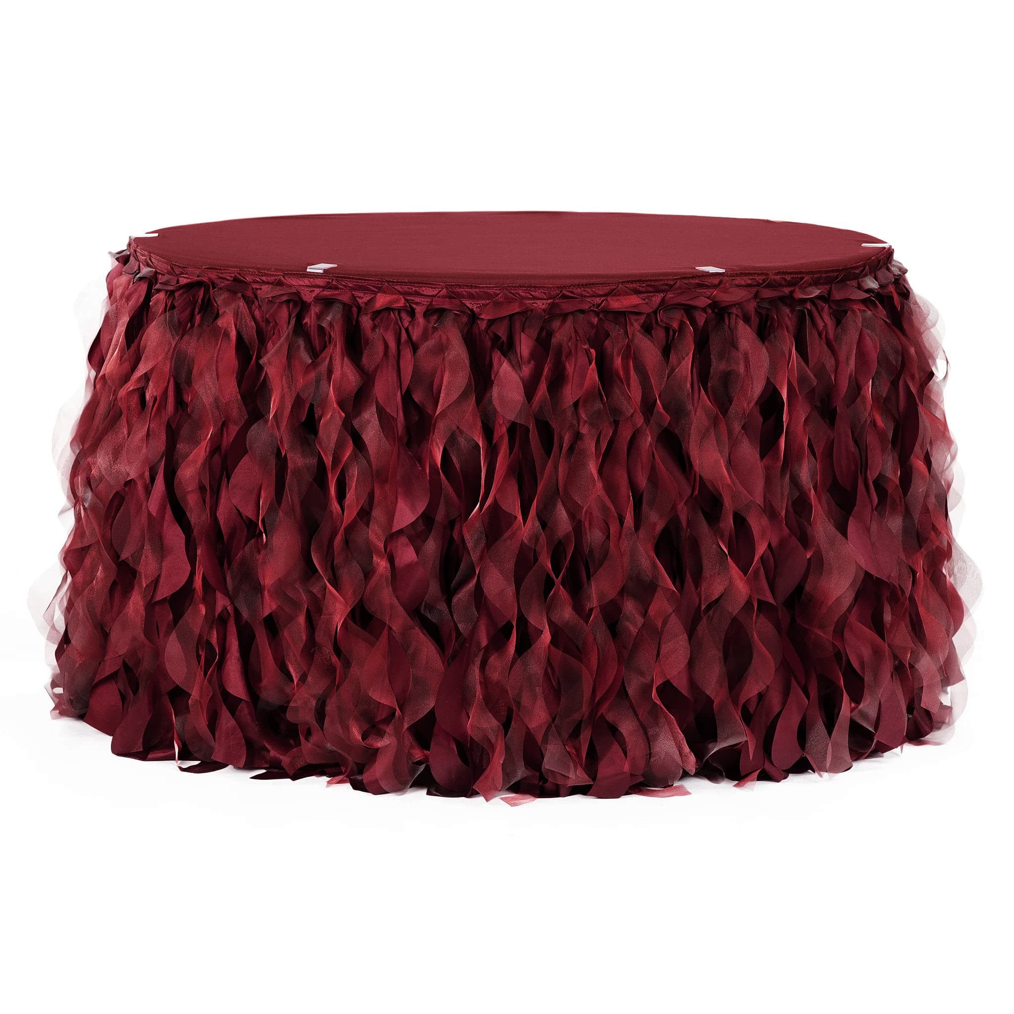 17Ft Burgundy Curly Willow Table Skirt - Elegant Decoration for Wedding, Quinceañera, Birthday Party & Special Events - Perfect for Banquet Halls, Reception Decor, and Celebration Backdrops