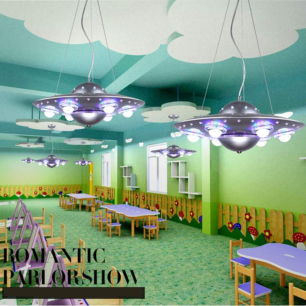 LAKIQ UFO LED Chandelier for Kids Room - 6 Lights Hanging Pendant Light for Bedroom & Nursery (Silver) - Perfect for Boys & Girls Rooms