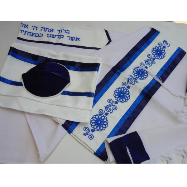 Blue Embroidered Wool Tallit for Bar Mitzvah - Traditional Jewish Prayer Shawl with Elegant Embroidery - Perfect for Synagogue Services & Religious Ceremonies