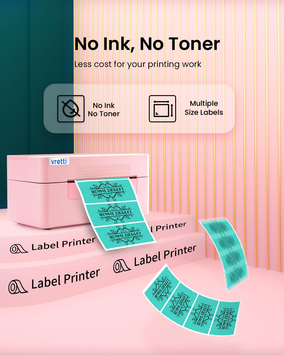 Vretti Bluetooth Thermal Label Printer 4x6 - Wireless Shipping Label Printer for USPS UPS Amazon Packages - Compatible with iPhone Android Windows Mac - Perfect for Small Business & Home Shipping (Pink)