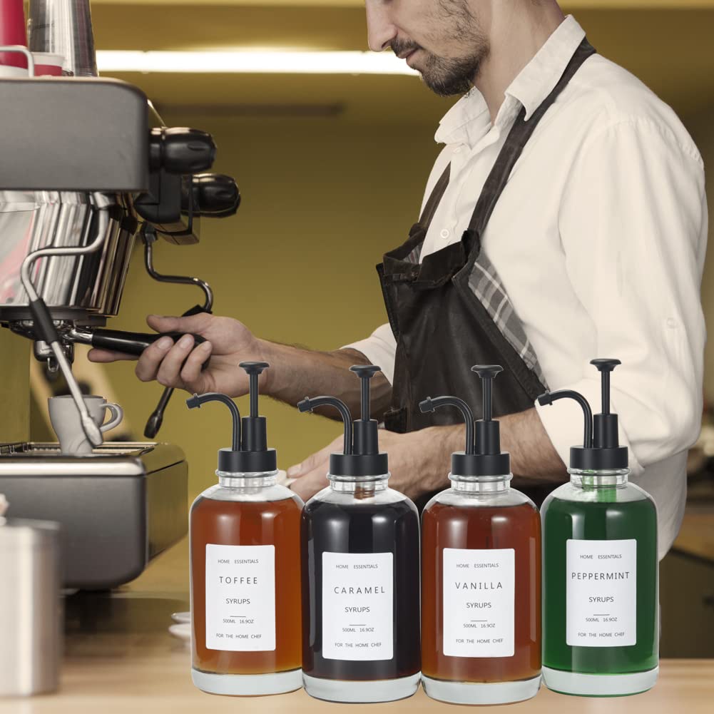 Premium Black Coffee Syrup Dispenser 4-Pack - 16.9oz (500ml) Glass Bottles with Pump & Labels for Coffee Bars, Cafes & Home Use - Perfect for Flavoring Lattes, Iced Coffee & Cocktails