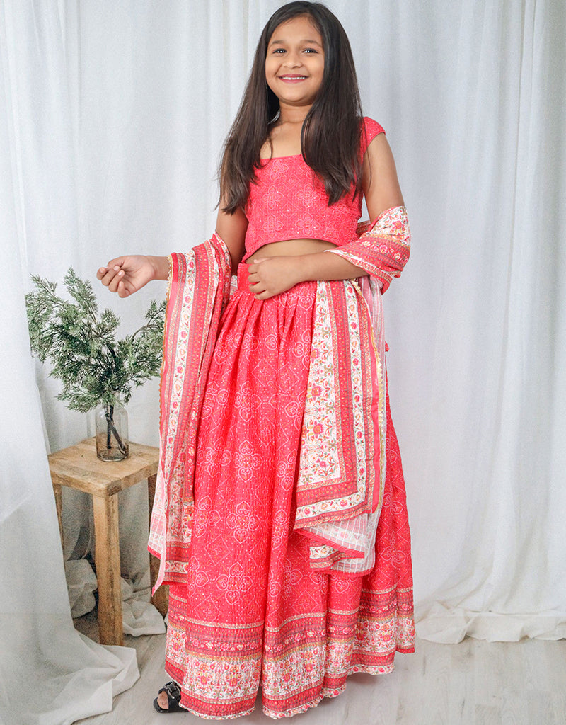 All-Season Designer Kids Lehenga Choli - Pink Chinon Sequins Crochet with Digital Print for Festivals, Weddings & Parties