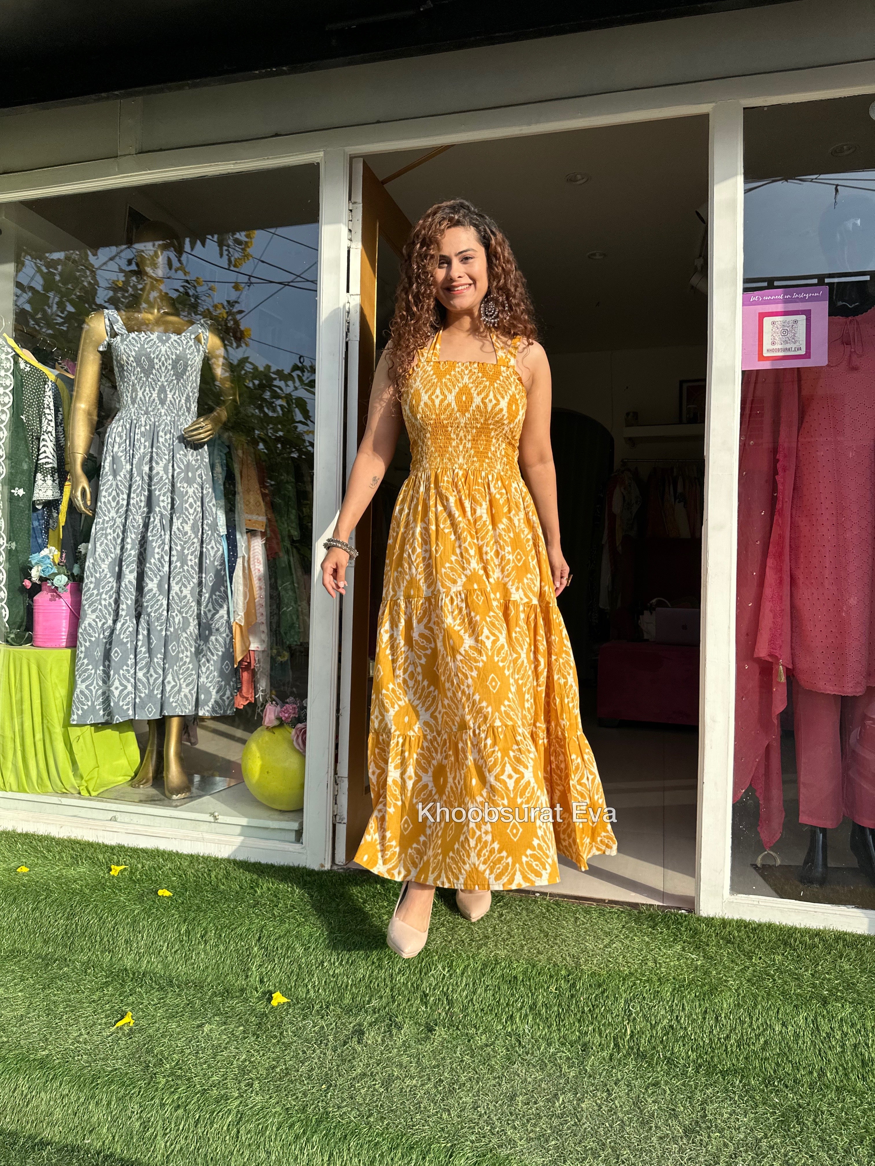 Yellow Cotton Tiered Maxi Dress for Women - Flowy Summer Beach Dress with Pockets | Perfect for Vacations, Weddings & Casual Outings