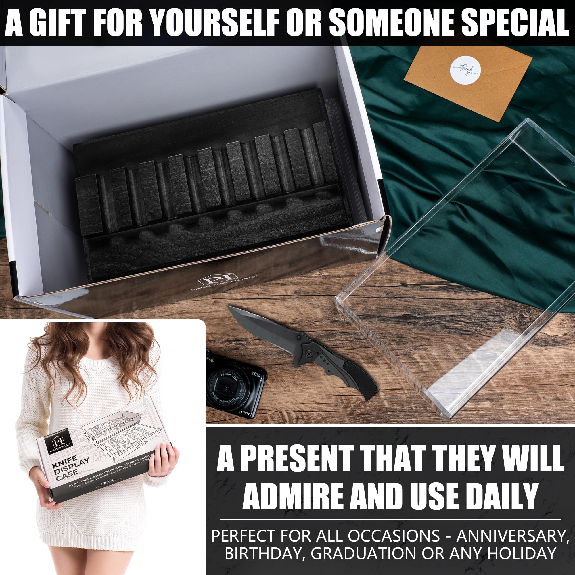 Premium Black Wooden Pocket Knife Display Case - Clear Sturdy Cover Holds 16 Knives - 2-Tier Collector's Case with Removable Drawer for EDC Gear - Perfect for Home Display, Gift Giving & Knife Enthusiast Collections