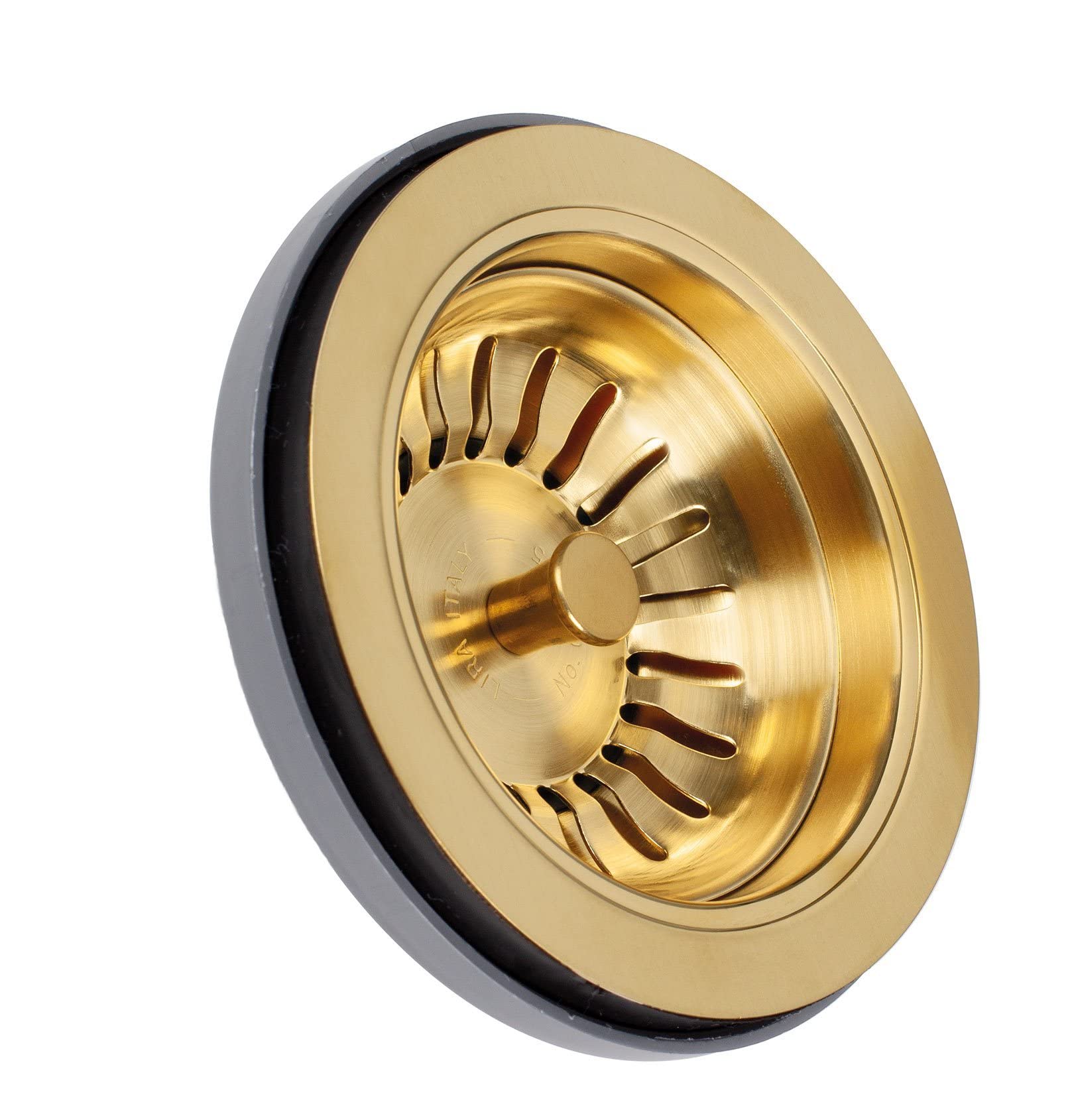 Universal Baseball Drain with Overflow - Round Gold Lyra Satin Finish - Space Saving Bathroom Sink Drain for Modern & Vintage Decor - Perfect for Small Bathrooms, Powder Rooms & RV Baths