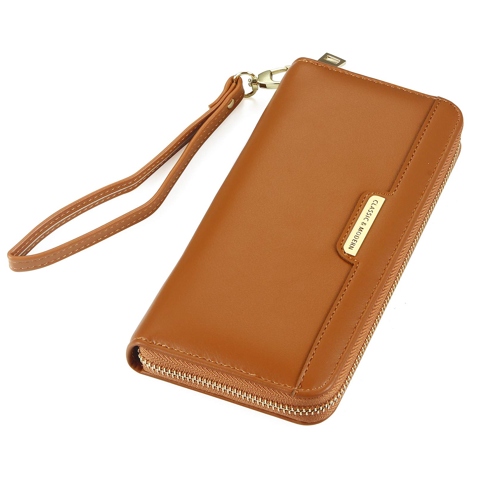 OYATON Women's PU Leather Clutch Wallet with Wristlet Strap & Phone Holder - Slim Zip Around Wallet for Cards & Cash (Brown) | Perfect for Everyday Use, Travel & Night Out