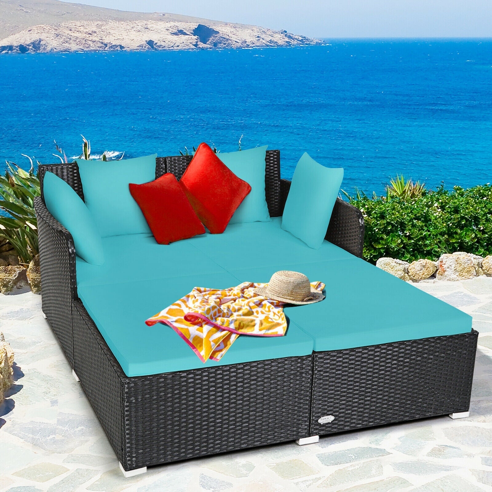 Premium Outdoor Rattan Daybed with Comfortable Upholstered Cushions & Turquoise Pillows - Perfect for Patio, Poolside or Garden Relaxation