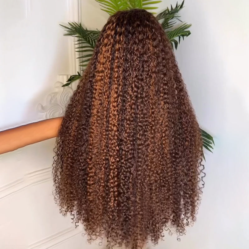 Eullair Honey Brown Highlights Kinky Curly Human Hair Lace Front Wig - Pre-Colored Glueless Lace Frontal Wig for Women | Natural Look for Daily Wear, Parties & Special Occasions