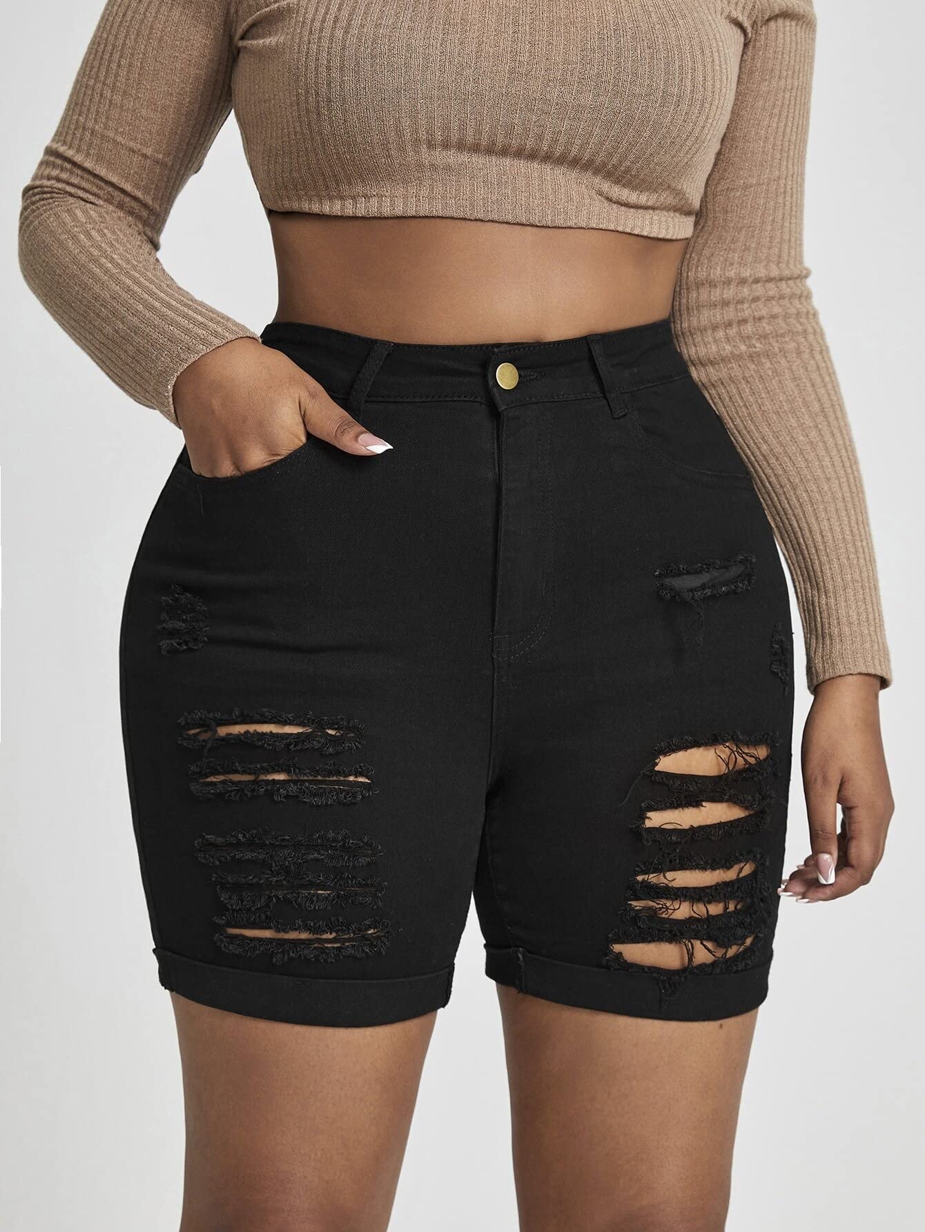 MQQYLBHDS Women's Ripped Skinny Denim Shorts with Slant Pockets - Distressed Roll Hem Jean Shorts (Black, Size 1XL) | Perfect for Summer Outfits, Casual Wear & Street Style Fashion