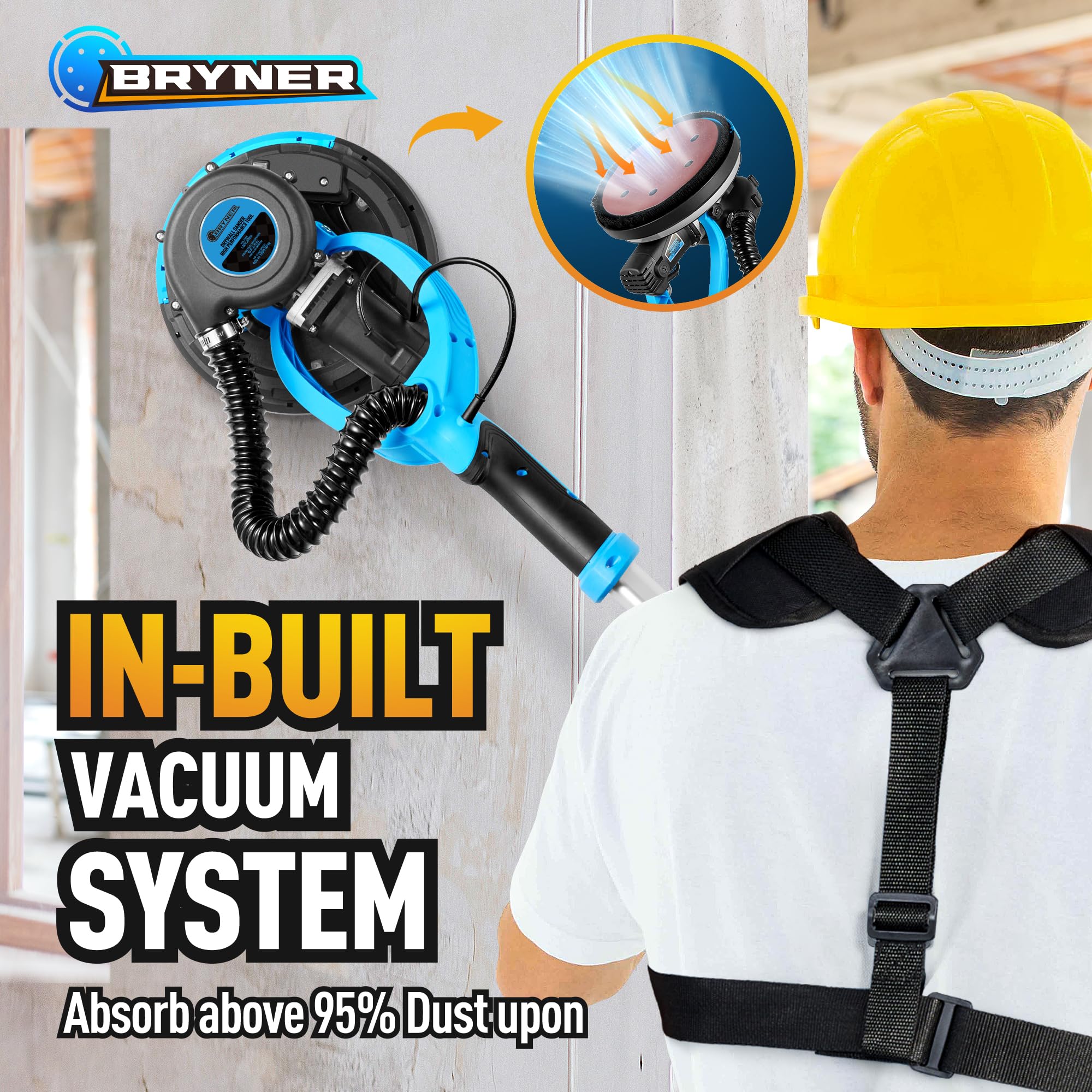 780W Electric Drywall Sander with Vacuum Attachment - 7 Speed Adjustable 900-1800RPM, Dustless Floor Sander with Labor-Saving Back Belt for Popcorn Ceiling, Walls & Floors - Perfect for Home Renovation, Construction and DIY Projects