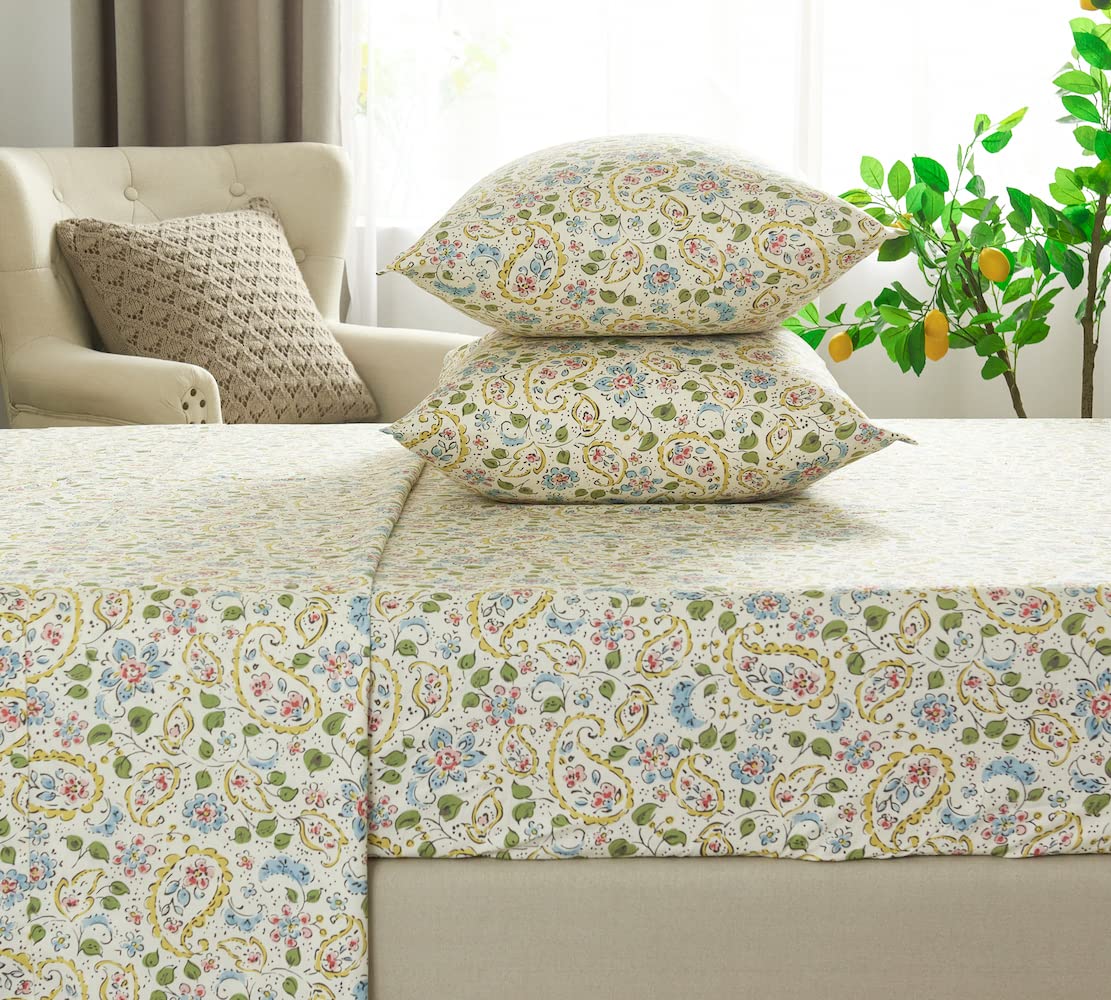 DAUAOTO 100% Cotton King Size Bed Sheet Set - Farmhouse Paisley Pattern, Deep Pocket Fits Mattress Up to 14