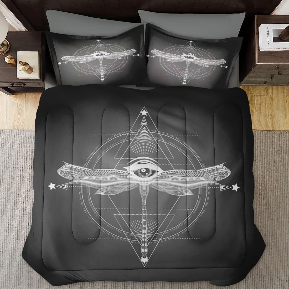 Queen Size Comforter Set - Geometric Dragonfly Butterfly Diamond Soft Bedding for Kids & Adults | Bohemian Mexican Style with 2 Pillowcases | Perfect for Bedroom Decor, Guest Rooms & Bohemian Themed Spaces