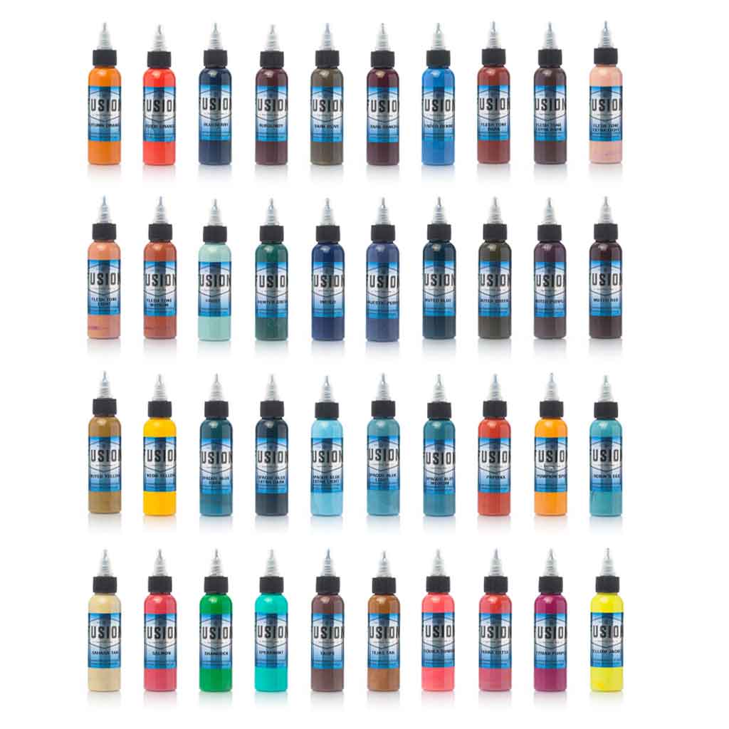 40-Color Fusion Ink Set - 1 oz Each for Professional Tattoo & Body Art - Perfect for Tattoo Artists, Permanent Makeup, and Cosmetic Procedures