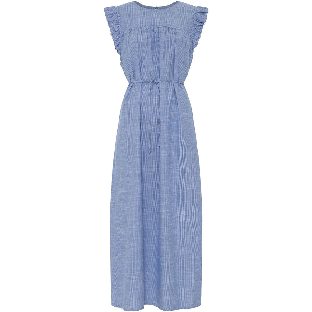 Stockholm Dress - Medium Blue Stripe Women's Summer Casual Midi Dress for Beach, Vacation & Everyday Wear