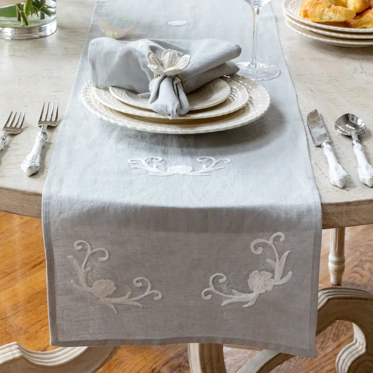 Elegant Cosette Embroidered Linen Table Runner - Handmade Home Decor for Dining Table, Wedding, and Special Occasions