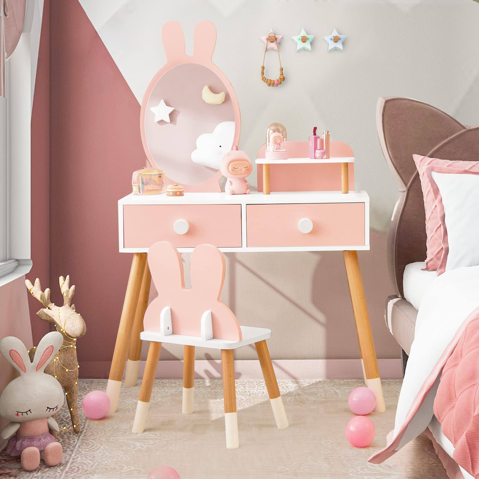 Costzon Pink Wooden Princess Vanity Set for Girls with Mirror, Stool & Storage - Kids Makeup Dressing Table with 2 Large Drawers & Shelf - Pretend Play Toy for Toddlers (Perfect for Birthday Gifts & Bedroom Decor)