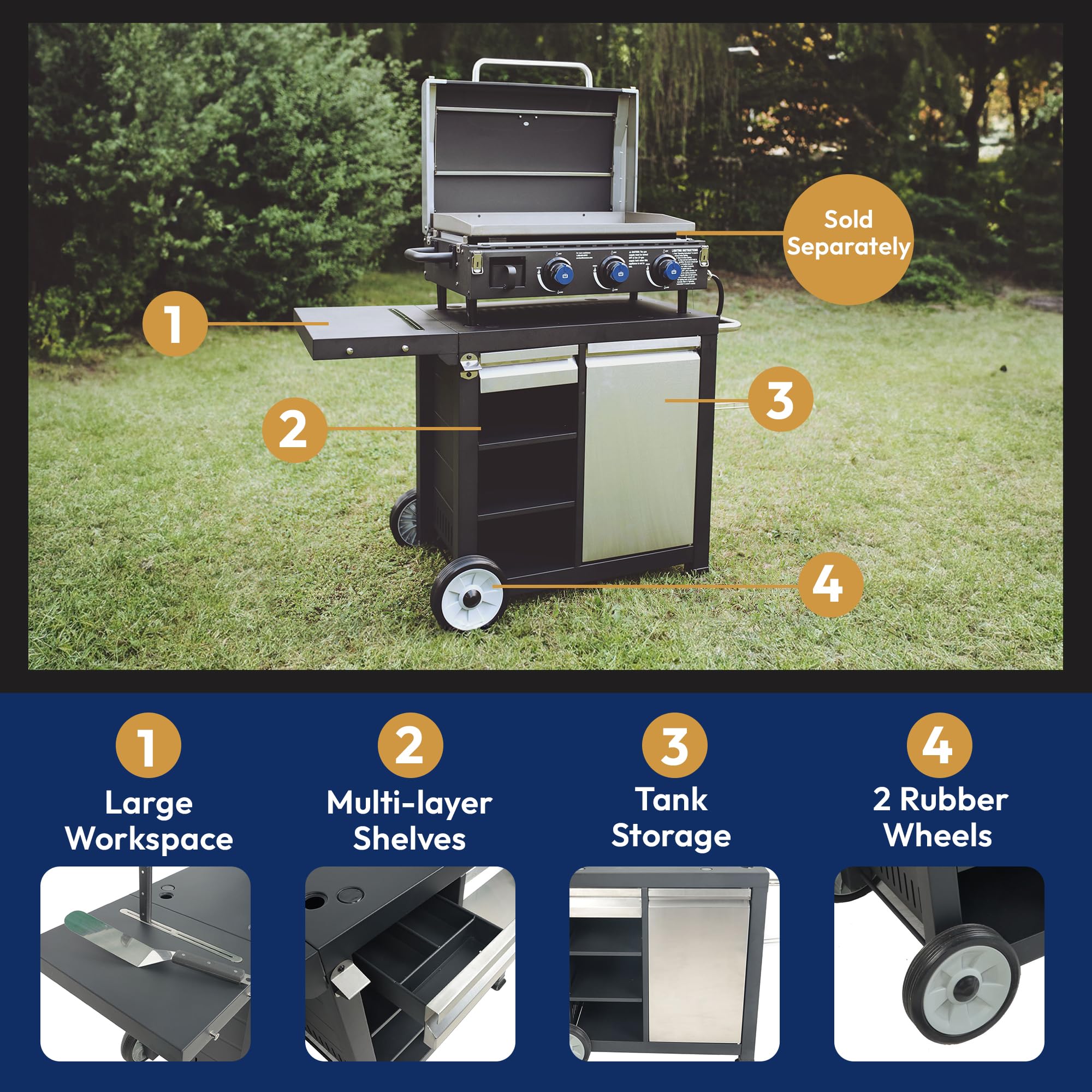 Universal Rolling Prep Cart with Shelves & Storage Drawer - Portable Outdoor Griddle & Grill Accessory - Black - Perfect for Backyard BBQs, Camping & Outdoor Cooking