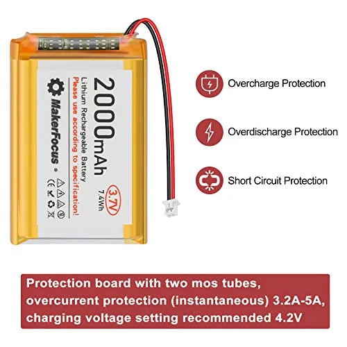3.7V 2000mAh 1S Lipo Battery with Protection Board - Rechargeable Lithium Battery Pack for Arduino, NodeMCU, ESP32 (4pcs) - Includes Micro JST 1.25 Plug & Rubber Insulation Tape | Perfect for DIY Electronics, Robotics & RC Projects