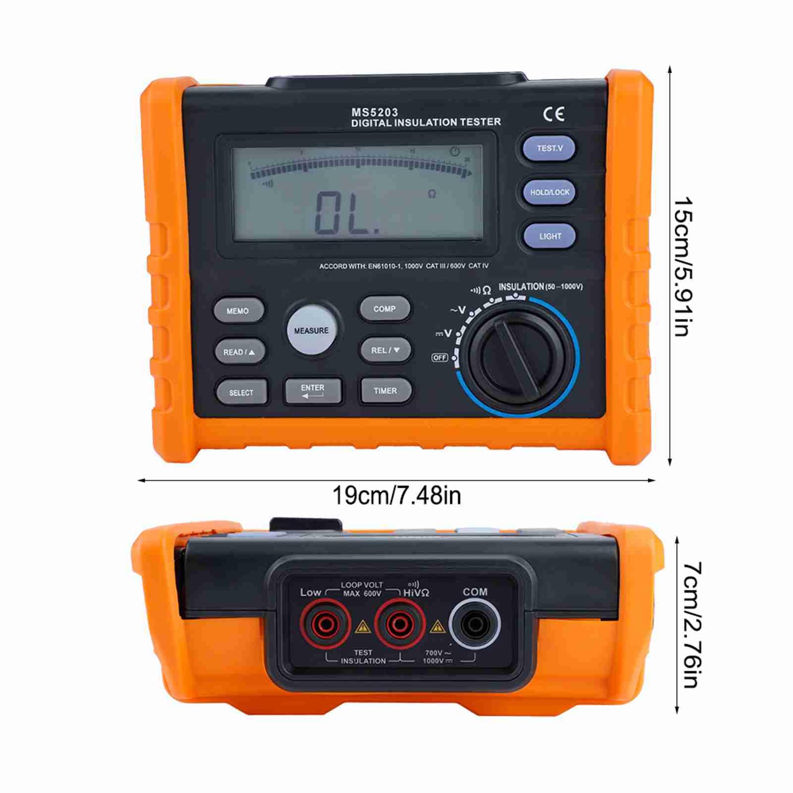 PEAKMETER MS5203 Digital Insulation Tester 50-1000V with Auto PI/DAR Calculation, Backlight Display, AC/DC Voltage & Continuity Testing - Perfect for Electricians, HVAC Technicians & Industrial Maintenance