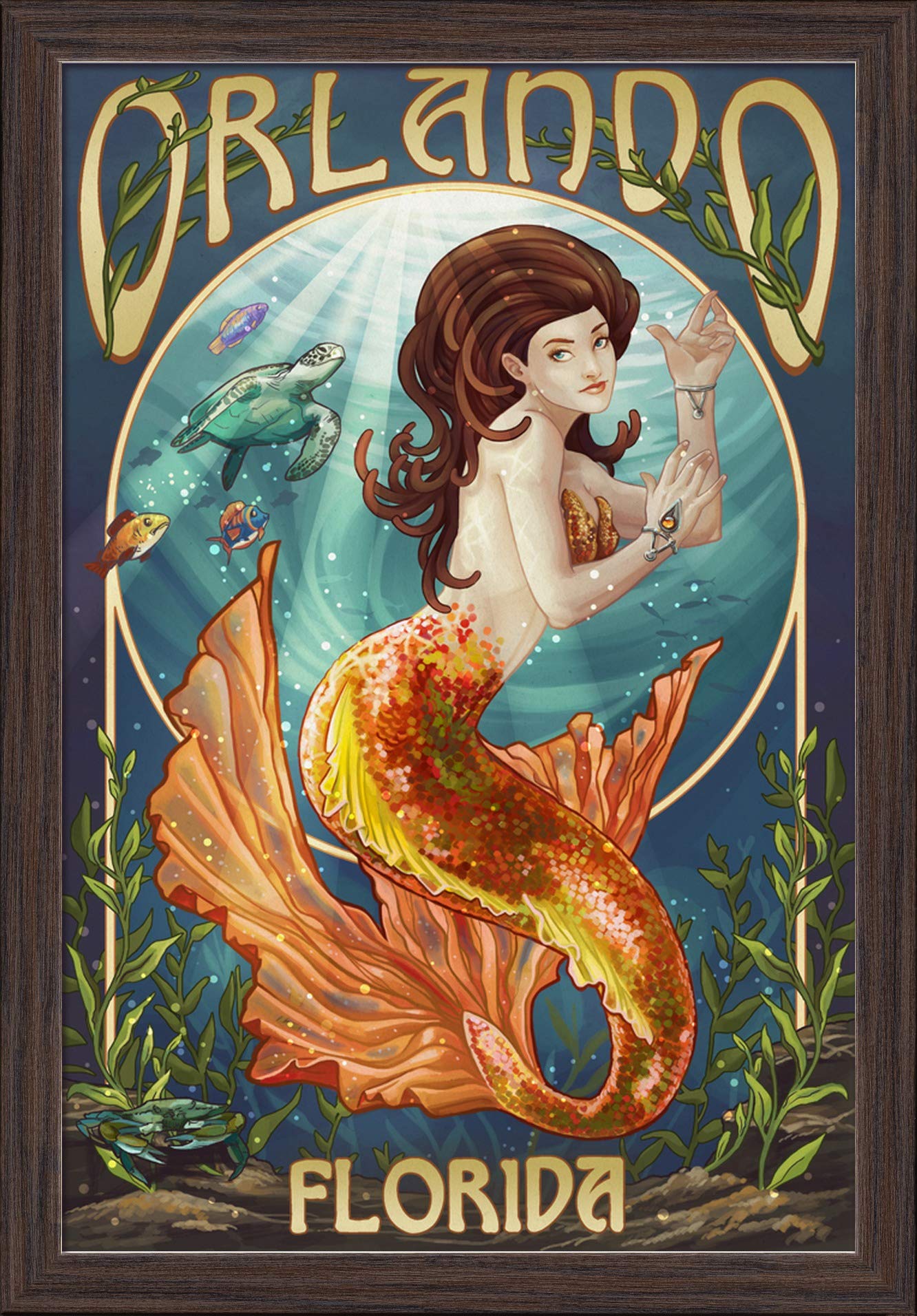 Mermaid Fine Art Print - 16x24 Giclee on Recycled Wood Frame in Espresso Brown | Orlando Florida Inspired Wall Decor for Beach House, Nursery & Coastal Living Rooms