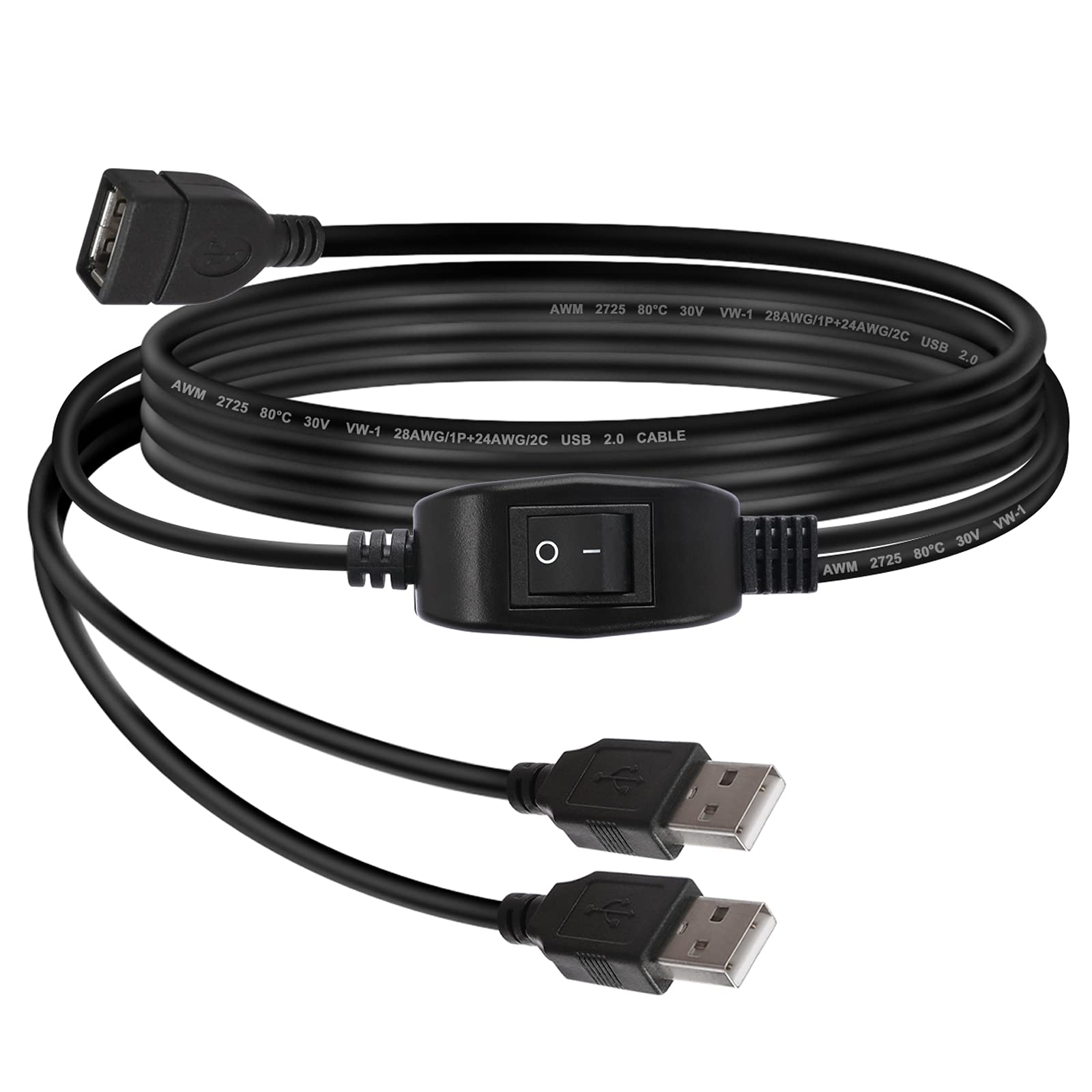 Yeebline USB 2.0 Splitter with On/Off Switch - 1 Female to 2 Male Y Cable, 6.6ft Extension Power Adapter for Printers, Scanners & External Hard Drives - Ideal for Office, Home & Gaming Setup (Black, 1 Pack)