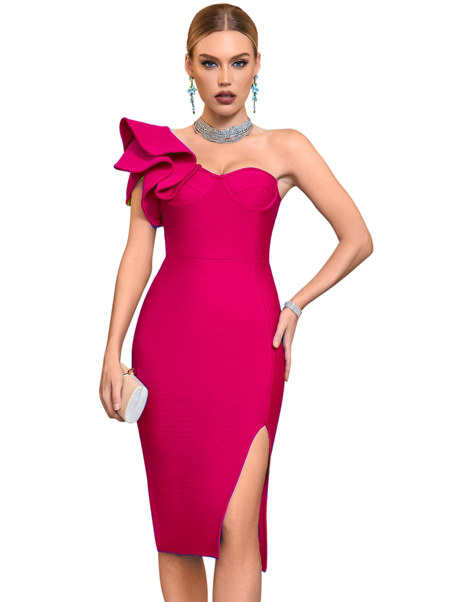 Meilun Elegant One Shoulder Ruffle Wedding Guest Dress with High Slit - Bandage Cocktail Dress for Formal Parties, Evening Events & Special Occasions