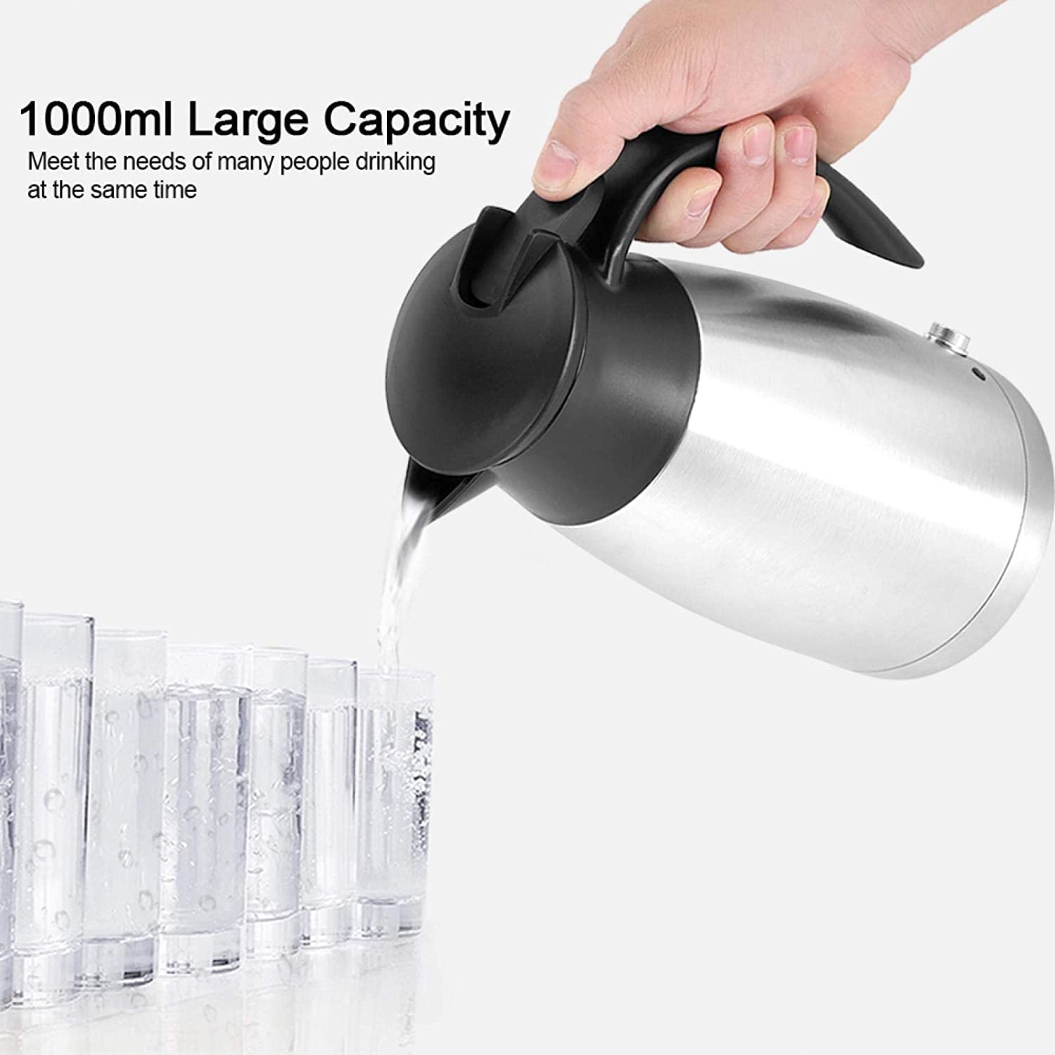 12V Portable Electric Kettle for Car - 1000ml Stainless Steel Travel Mug with Auto Shut Off - Fast Heating Water Boiler for Coffee, Tea & Milk - Perfect for Road Trips, Camping & Office Use (Silver)