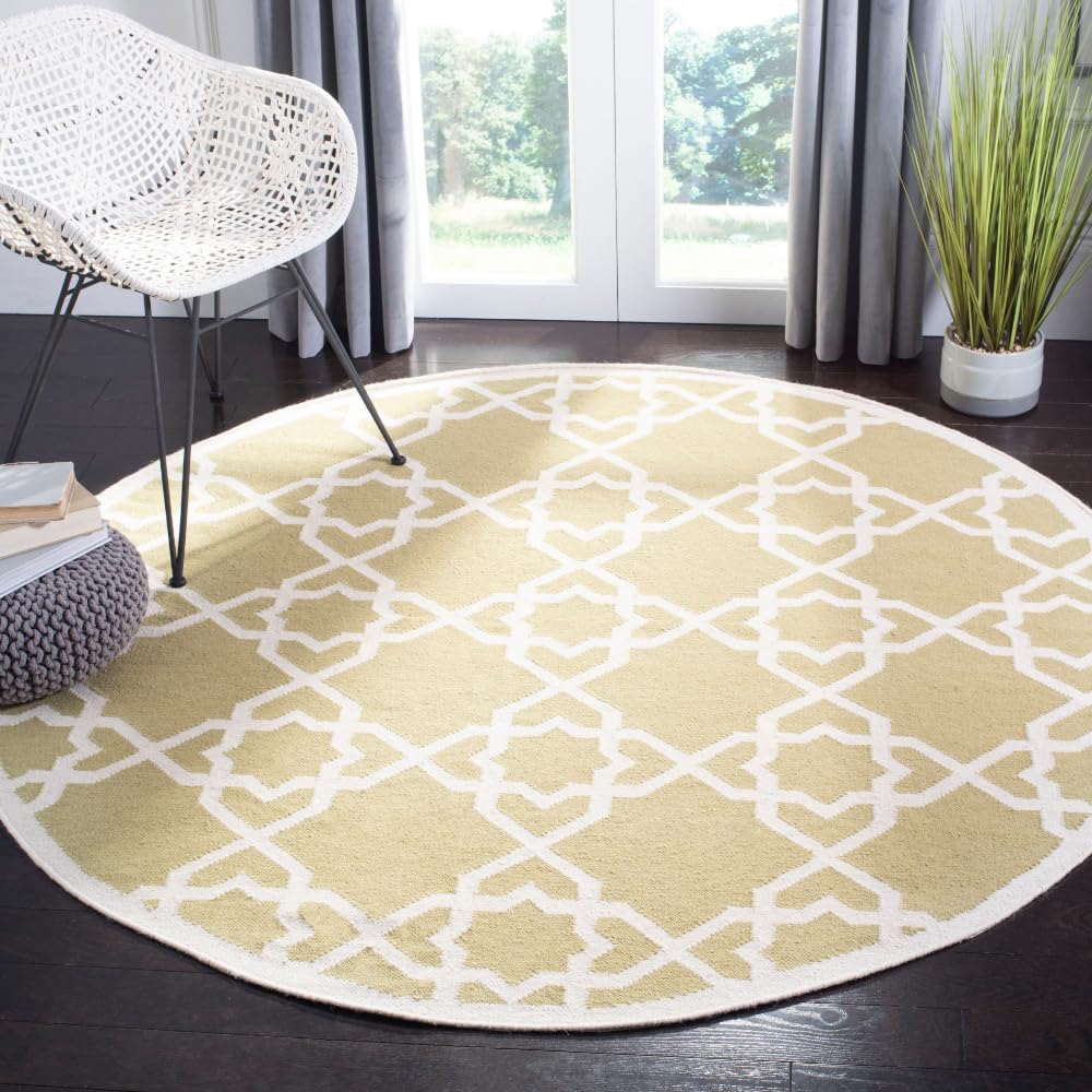 SAFAVIEH Dhurries Collection 6-Foot Round Olive & Ivory Wool Area Rug - Handmade Flatweave Premium Rug for Living Room, Bedroom, or Dining Room Decor