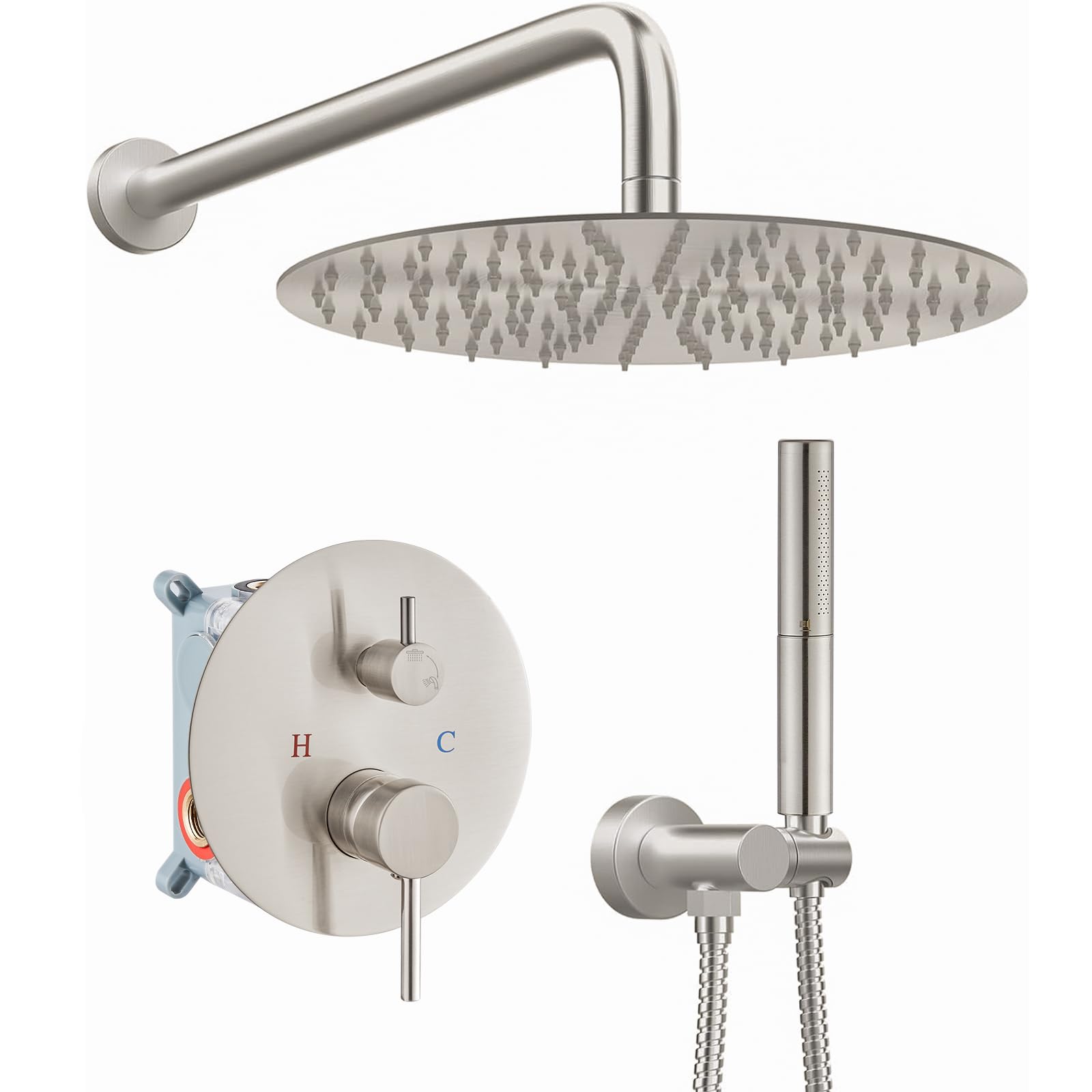 Airuida Brushed Nickel Rain Shower System - 10 Inch Round Rainfall Shower Head & High Pressure Handheld Shower with 2 Functions, Wall Mount Bathroom Fixture Set Including Rough-in Valve | Perfect for Spa-Like Experience & Modern Home Renovation