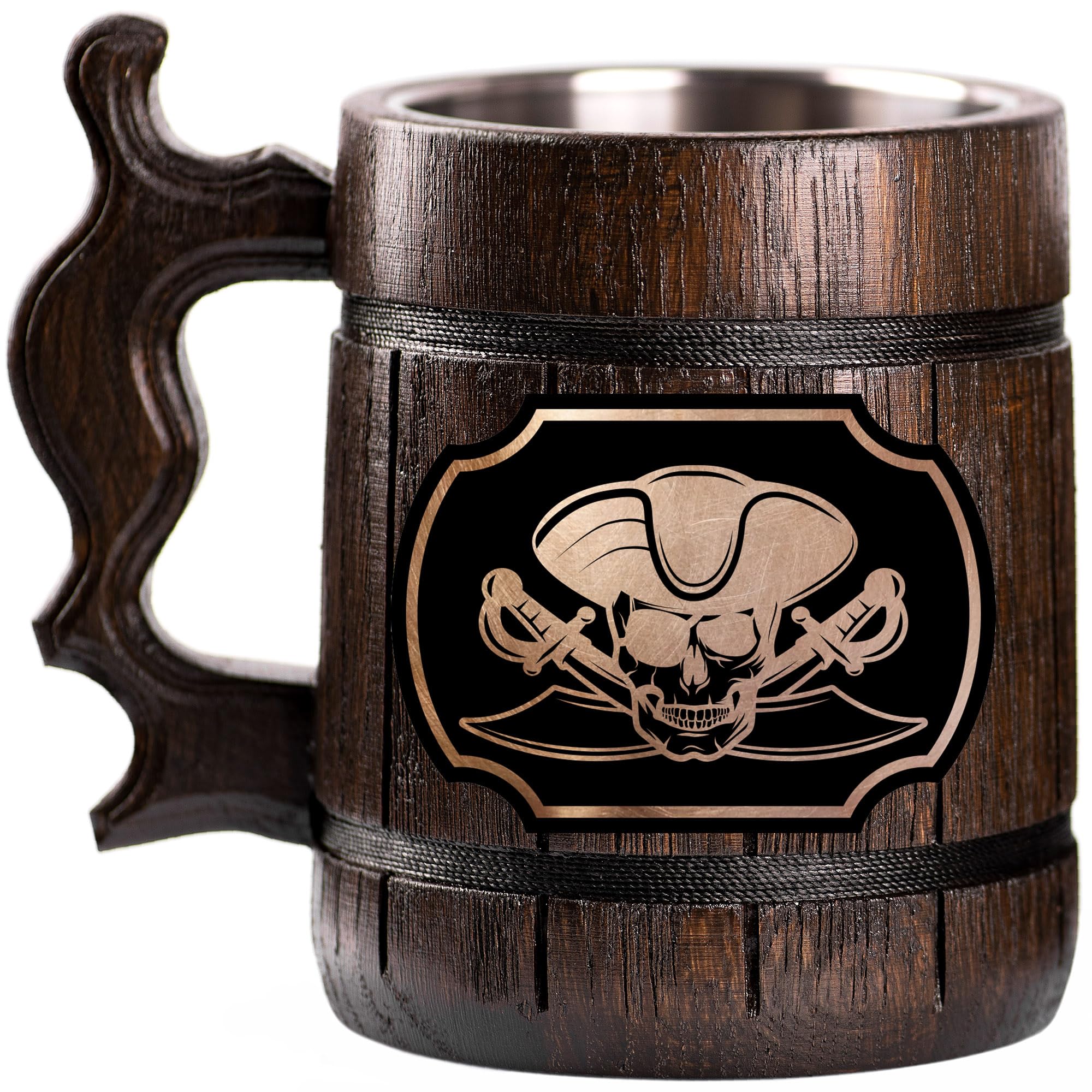Personalized Pirate Skull Beer Stein - Custom Engraved Wooden Tankard Mug for Men, Unique Gifts for Dad, Husband, Gamer - Perfect for Birthday, Anniversary & Wedding Celebrations - Great for Parties, Game Nights & Man Cave Decor