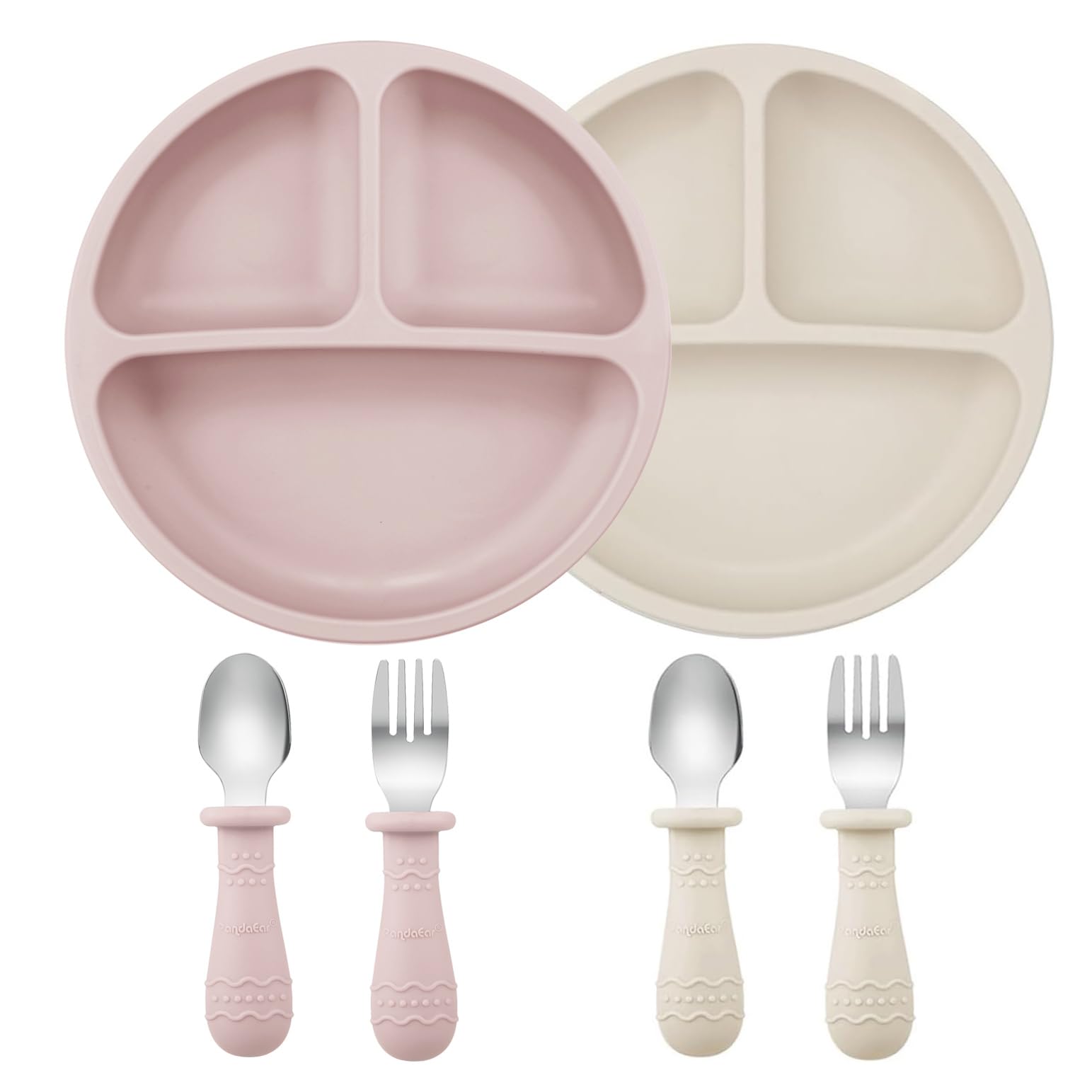 PandaEar 6-Piece Toddler Feeding Set - 2 Suction Silicone Plates & 4 Stainless Steel Baby Spoons & Forks | BPA-Free Baby Dinnerware for Travel, Daycare & Home Use | Dishwasher Safe Toddler Utensils