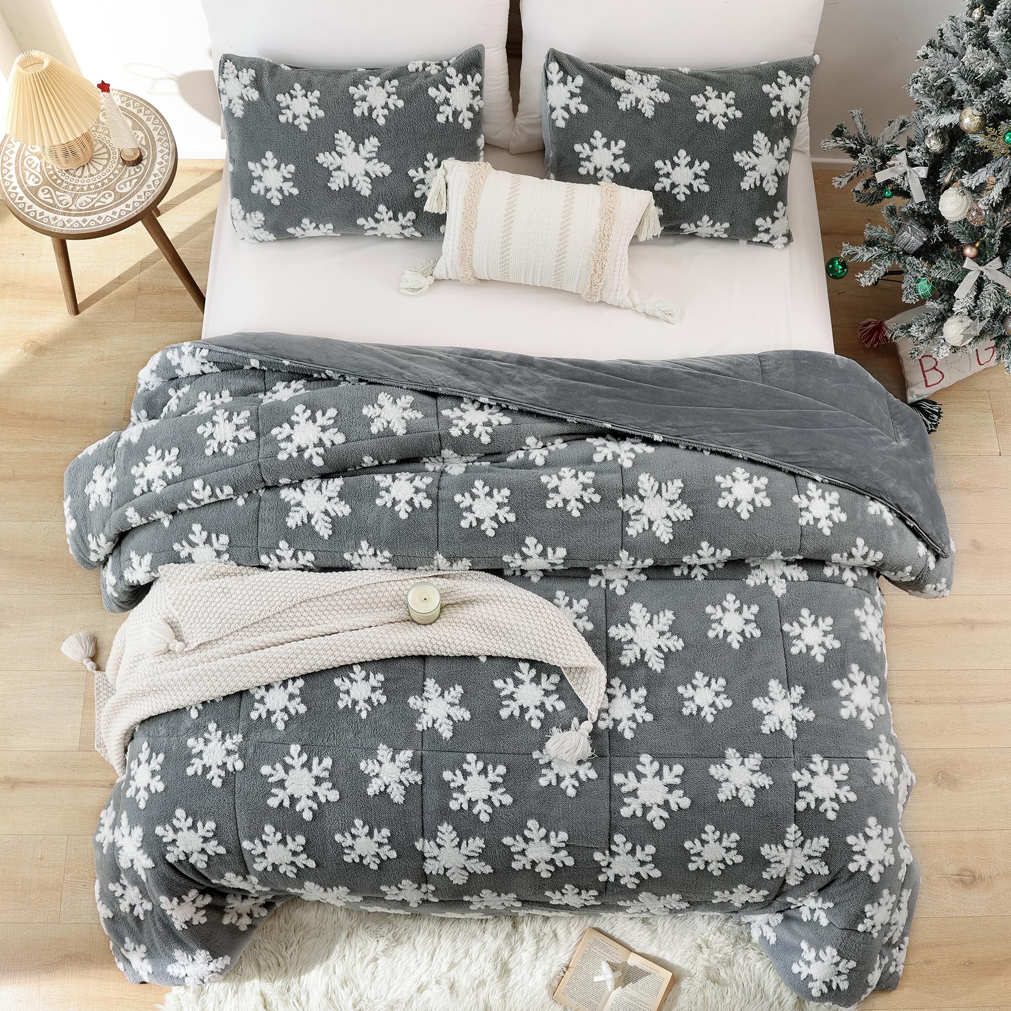 JANZAA Grey Velvet Christmas Comforter Set Queen - 3 Piece Soft Fluffy Bedding with White Snowflake Design for Holiday Decor & Cozy Winter Nights