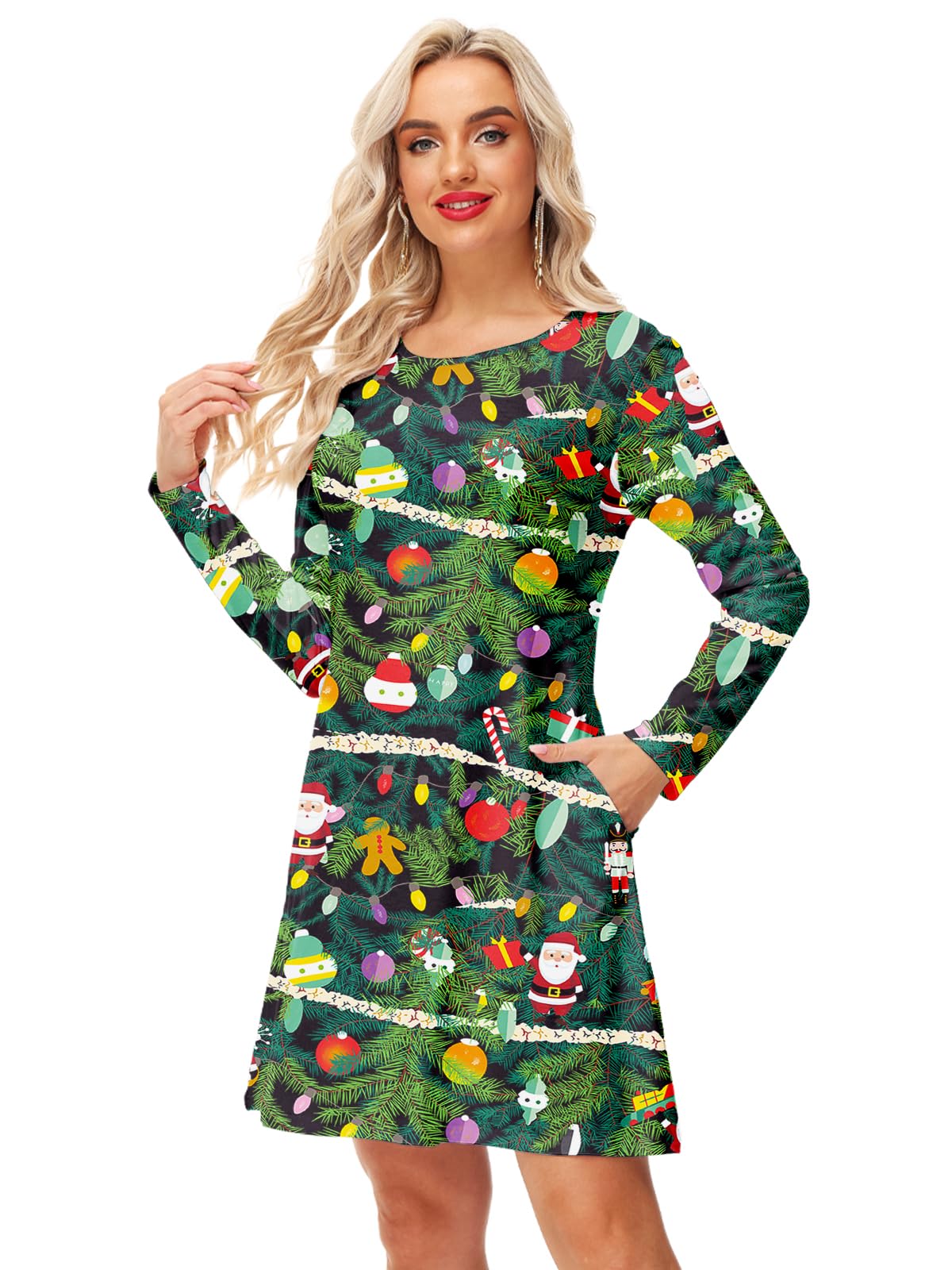 Festive Christmas Tree Print Women's Party Dress - Long Sleeve Winter Holiday Ugly Sweater Dress Size 2XL for Xmas Parties, Family Gatherings & Ugly Sweater Contests