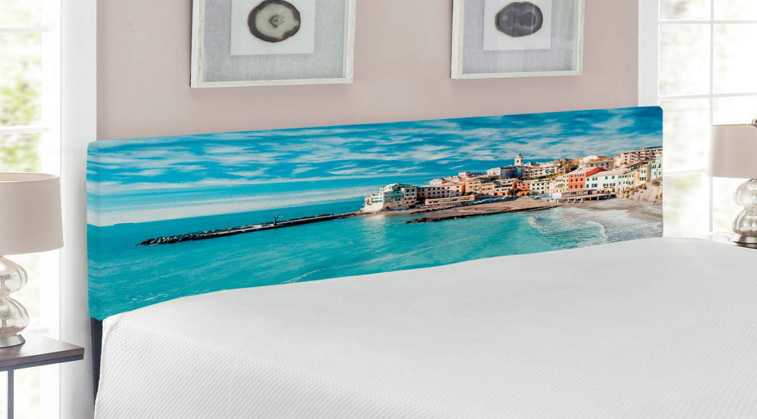 Ambesonne Italy Headboard - Old Italian Fishing Village Beach Panorama, Coastal Charm Upholstered Metal Bed Headboard with Memory Foam, King Size, Turquoise - Perfect for Coastal & Vintage Style Bedrooms