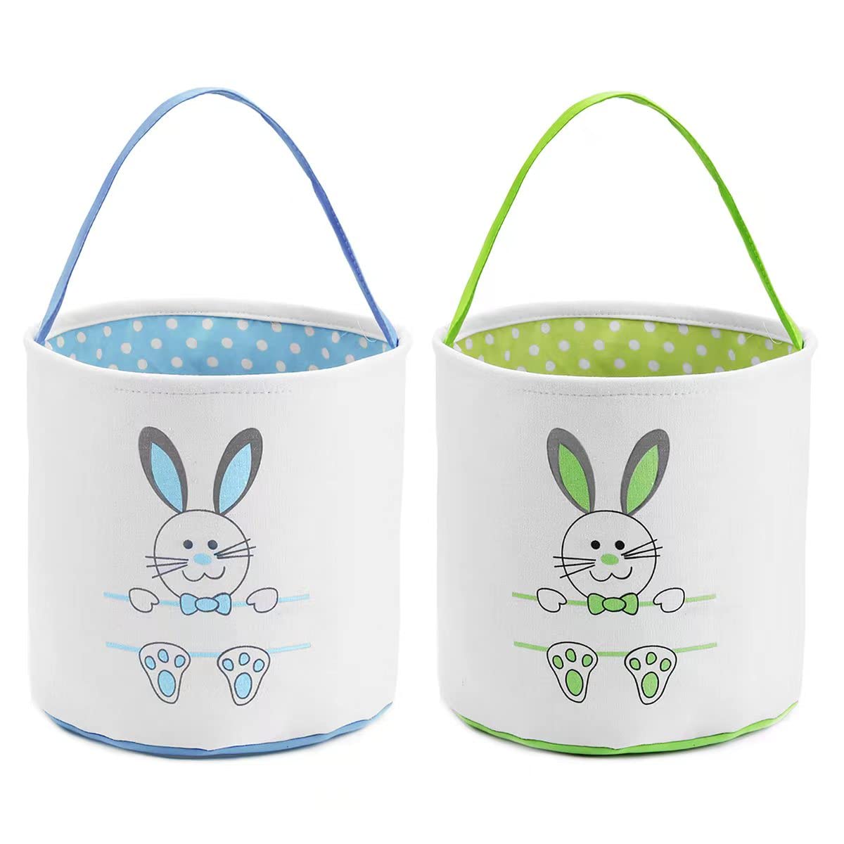 2 Pack Easter Bunny Basket Bags for Kids - Personalized Canvas Cotton Easter Egg Hunt Bags with Cute Rabbit Print - Great for Easter Eggs, Candy & Gifts (Blue, Green) - Perfect for Easter Celebrations, Egg Hunts & Party Favors