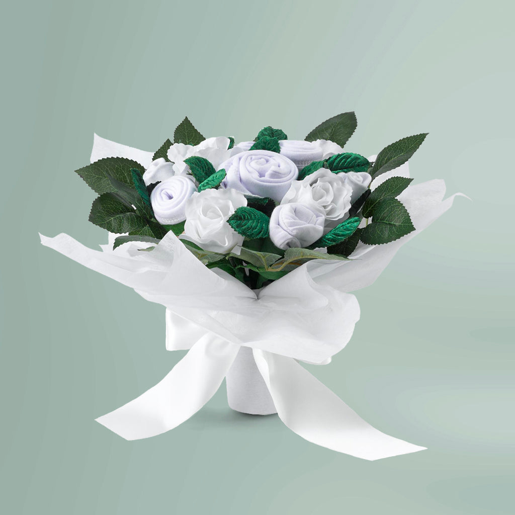 Hand-Tied Baby Clothes Bouquet - White - Perfect for Baby Showers, Newborn Gifts & Gender Reveal Parties