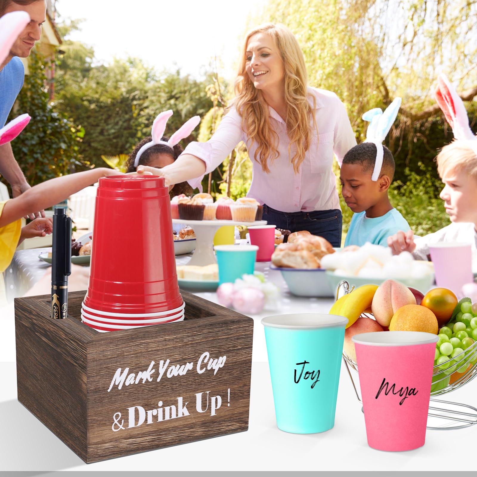 Rustic Wooden Cup Holder with Marker Slot - Disposable Party & Wedding Cup Holder for Bar, Kitchen, Countertop, Home & Office - Perfect for Events, BBQs, and Outdoor Gatherings (Brown)