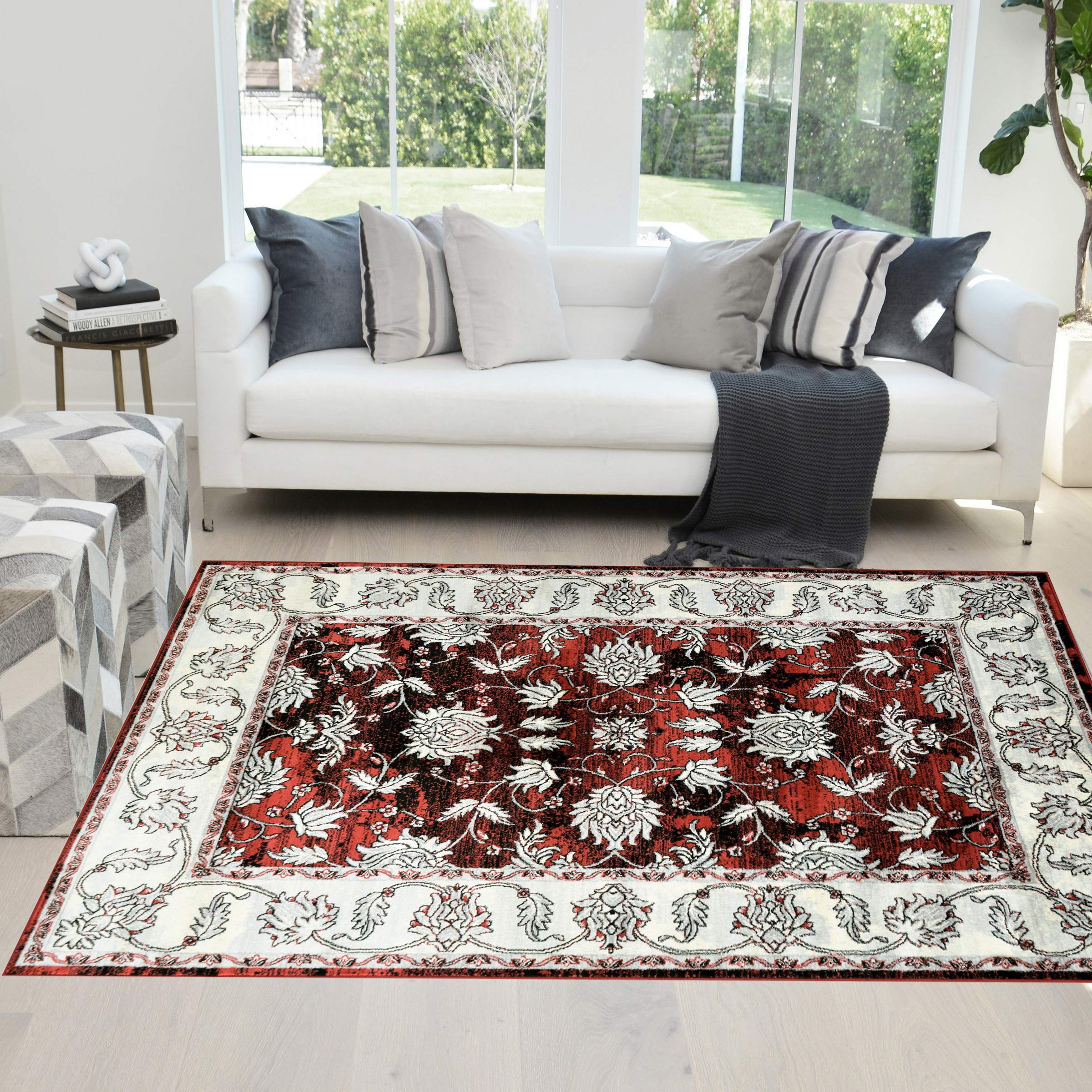 Modern Bohemian Soft Touch Area Rug - Red, Silver & Gray Handwoven Rug for Living Room, Bedroom & Boho Home Decor
