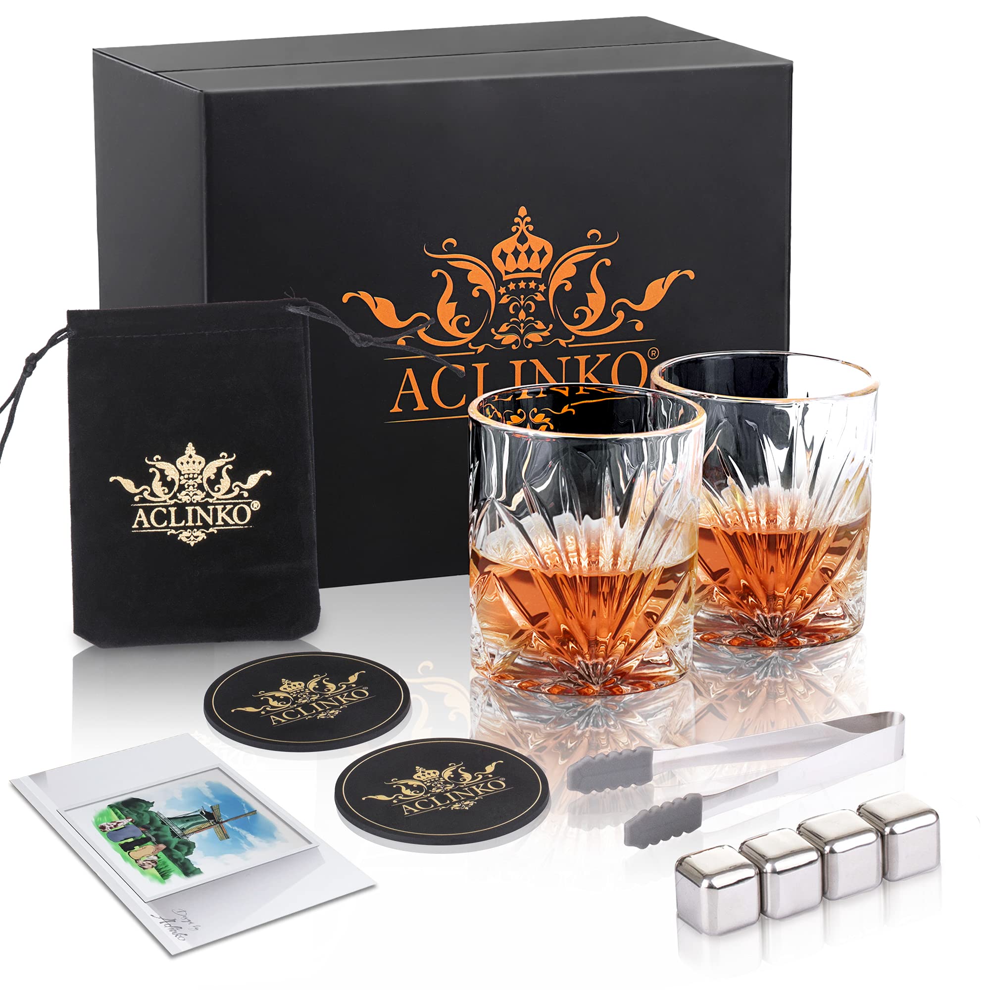 Premium Whiskey Stones Gift Set for Men - 2 Whiskey Glasses Included | Unique Birthday, Christmas, Anniversary, Retirement Gifts for Dad, Husband, Boyfriend | Perfect for Home Bars, Man Caves & Whiskey Lovers