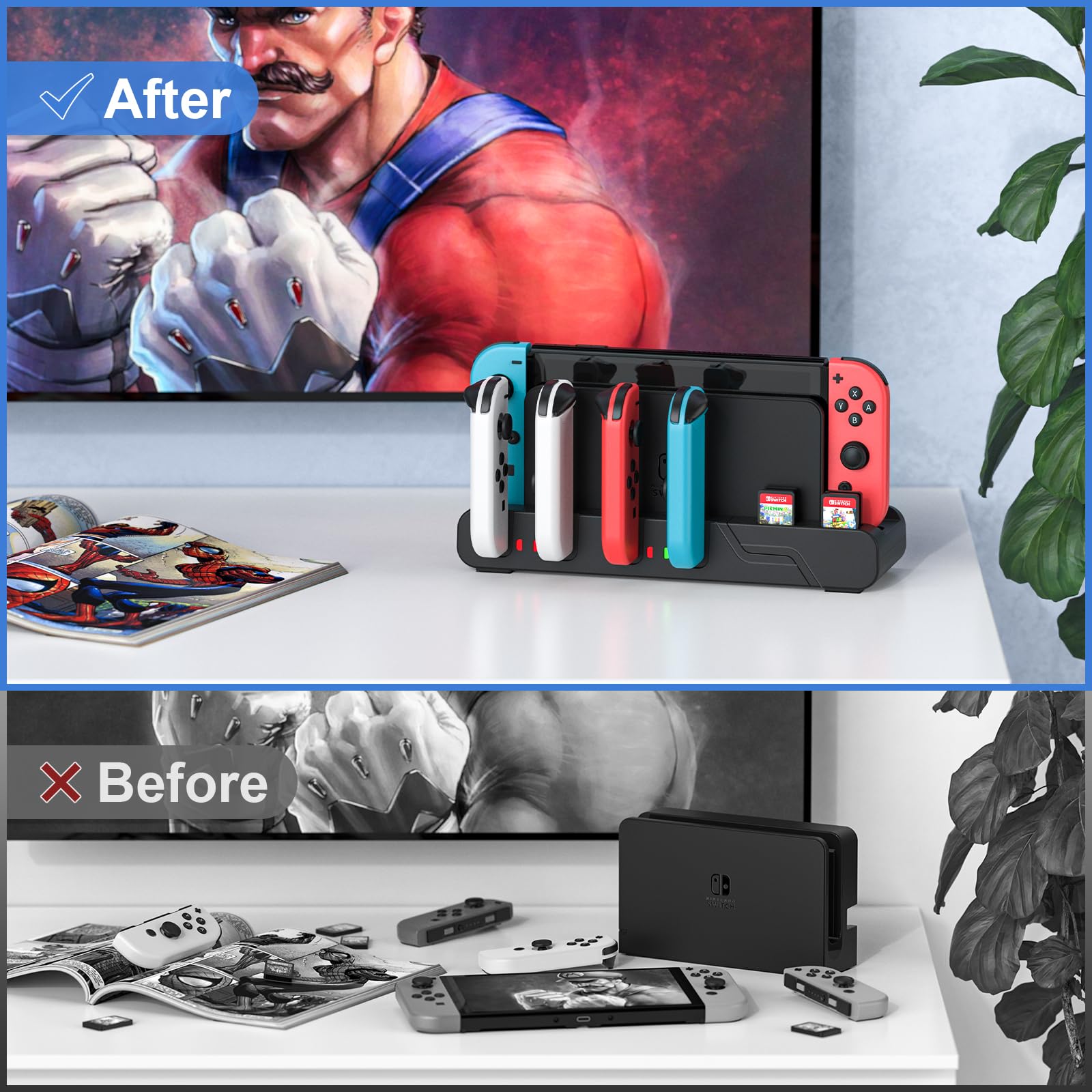 MLIFEMFUL Switch Joycon Charging Dock - 6-Port Fast Charger for Nintendo Switch & OLED Model Joycons with Game Card Storage | Perfect for Gaming Parties, Travel & Multiplayer Sessions