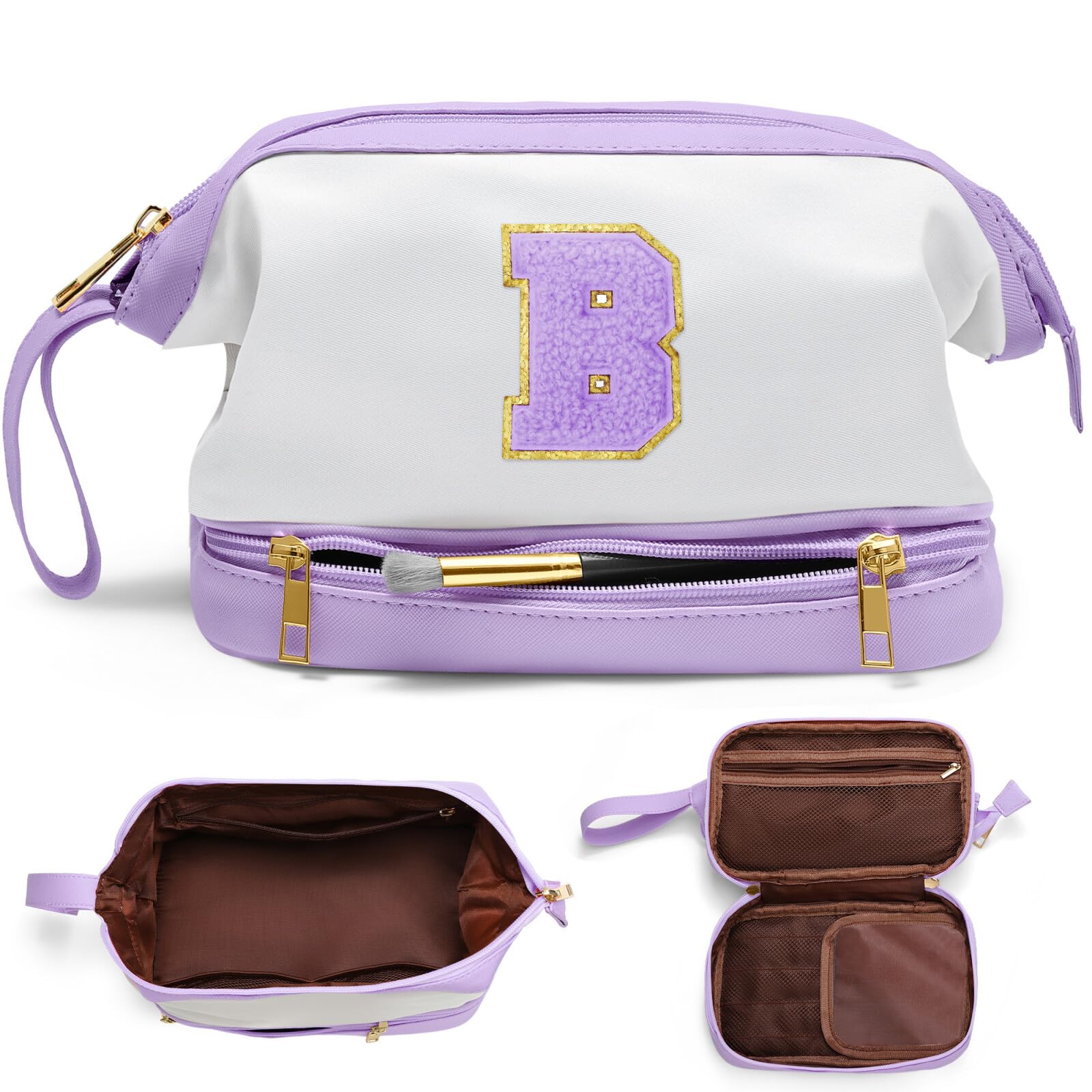 YOOLIFE Large Capacity Leather Makeup Bag - Personalized Initial Travel Cosmetic Organizer for Women | Perfect for Teens, Bridal Showers, Birthday Gifts & Mom Presents | Great for Travel, Daily Use & Cosmetic Storage (Purple)