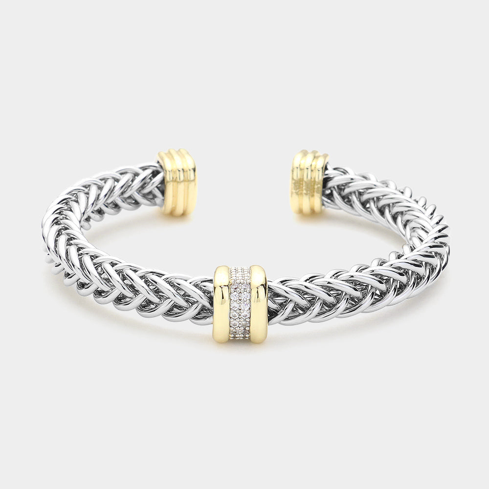 Silver CZ Twisted Braided Cable Cuff Bracelet for Women - Adjustable M H W Size - Elegant Fashion Jewelry for Party, Wedding & Everyday Wear